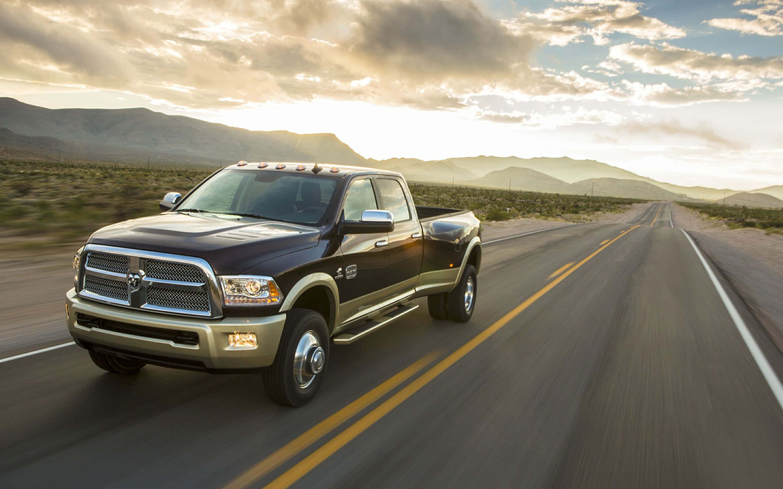 Dodge Ram, black, desert highway, 2K Desktop Wallpaper