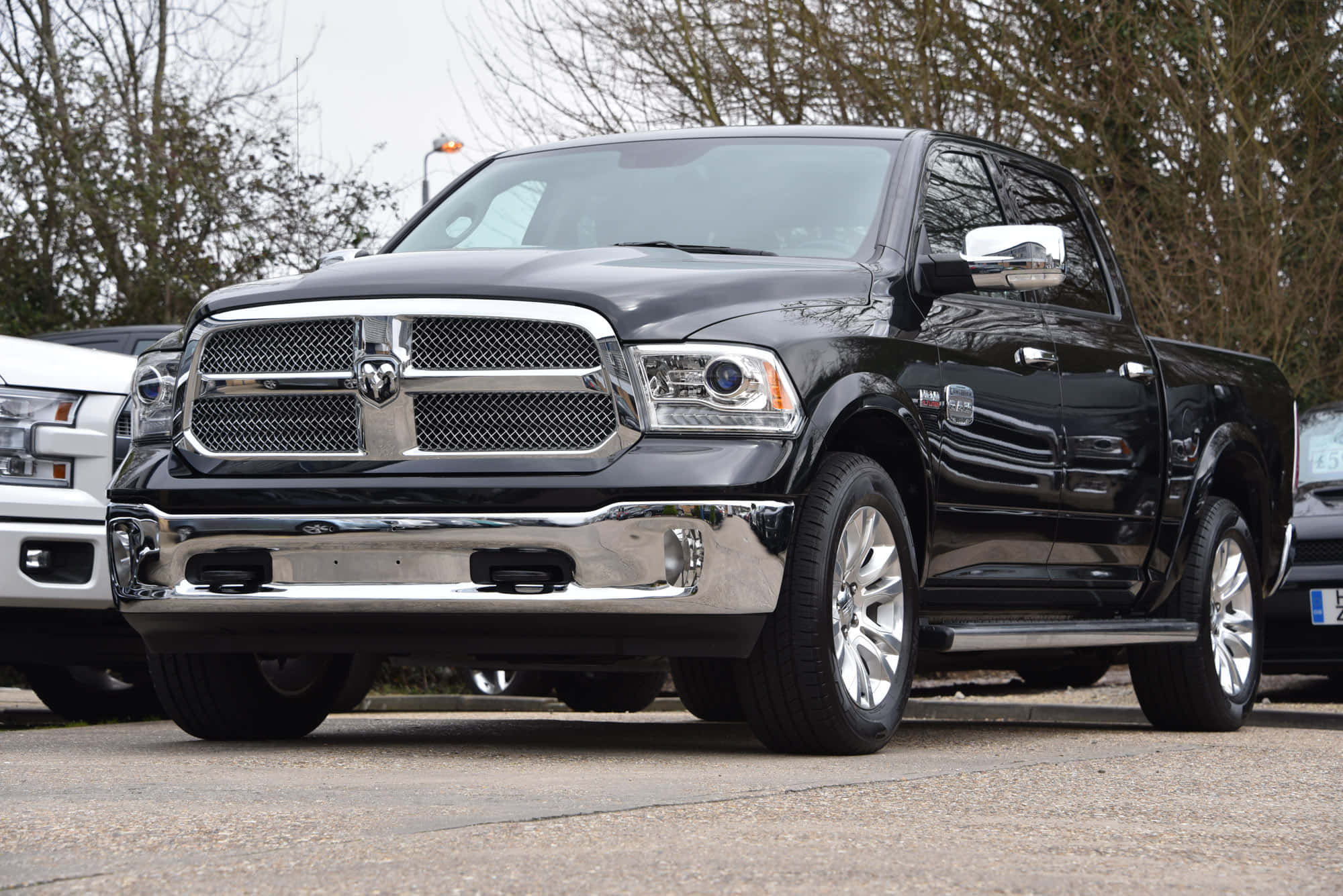 Dodge Ram, sleek black, overcast skies, Full HD Desktop Wallpaper
