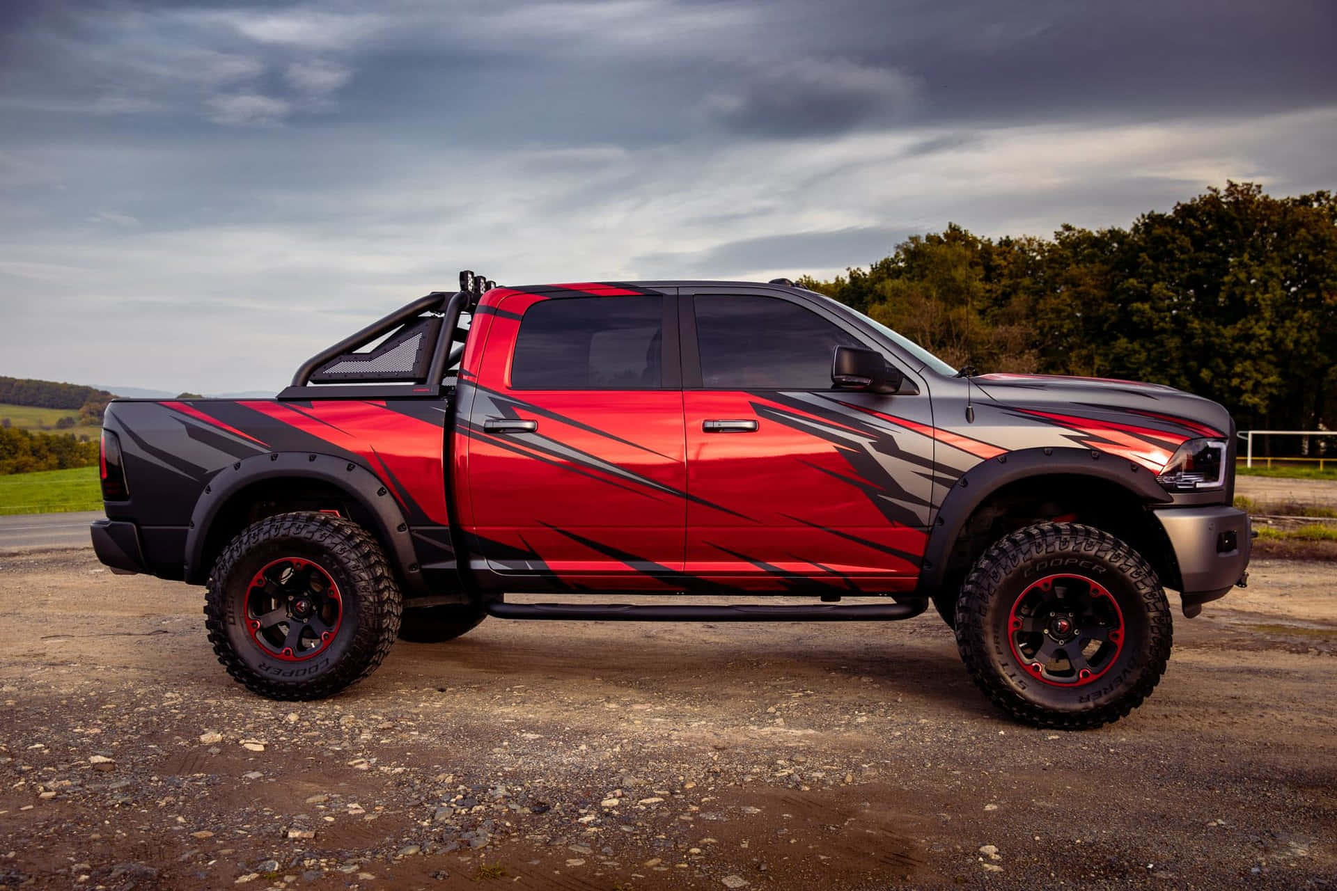 Dodge Ram, red and black custom pickup truck, aggressive graphics, Full HD Desktop Wallpaper