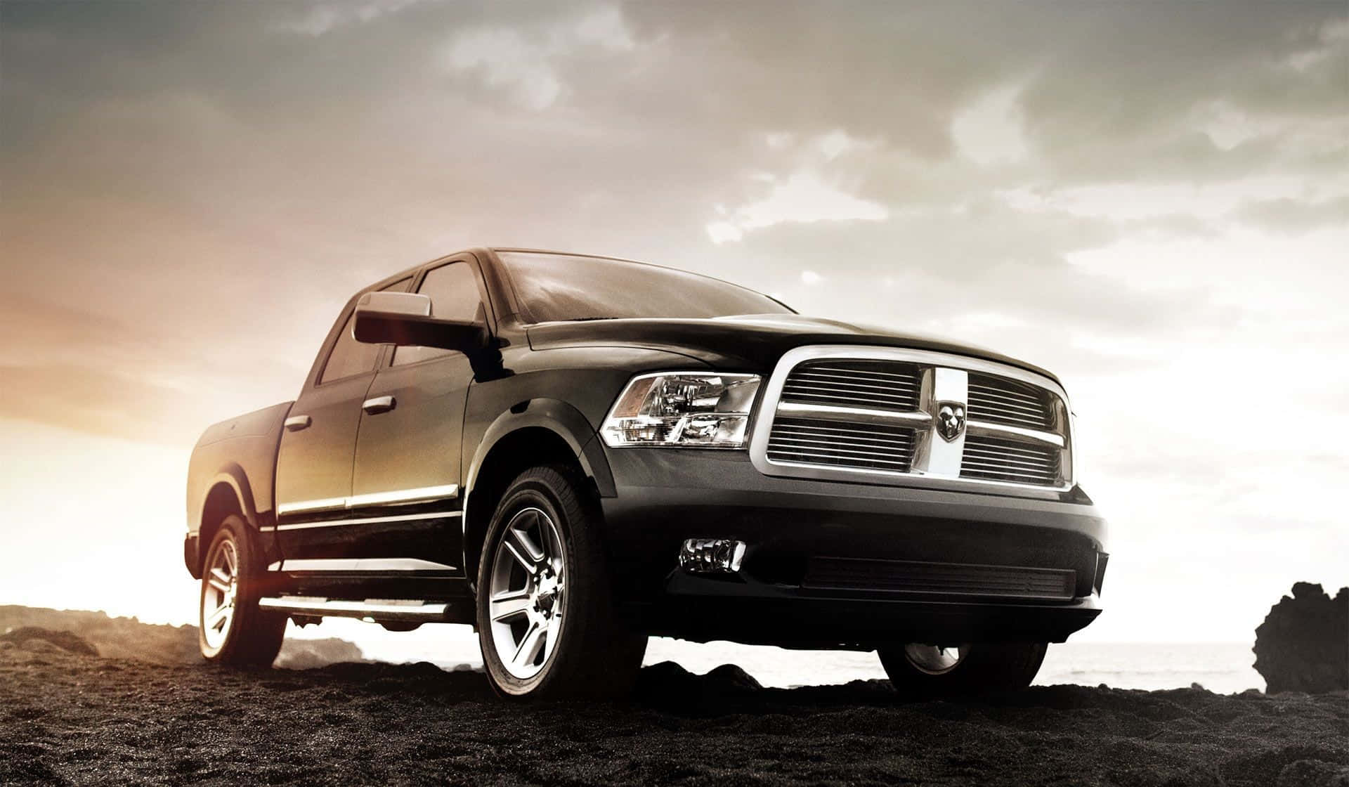 Dodge Ram, black, rocky shore, Full HD Desktop Wallpaper