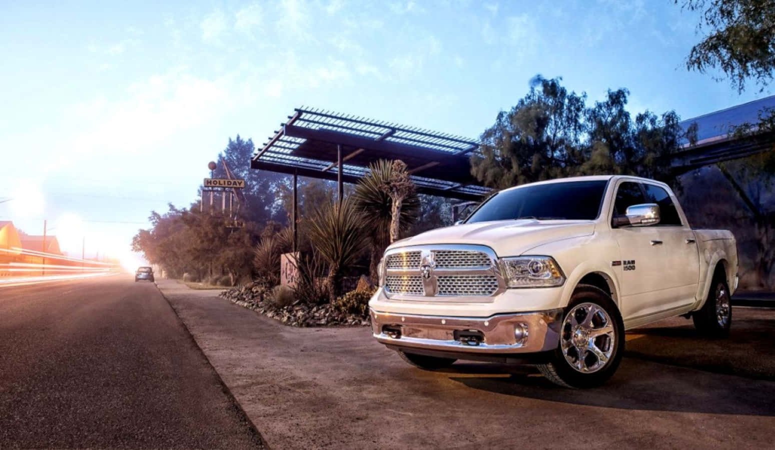 Dodge Ram, white, desert roadside motel, HD Desktop Wallpaper