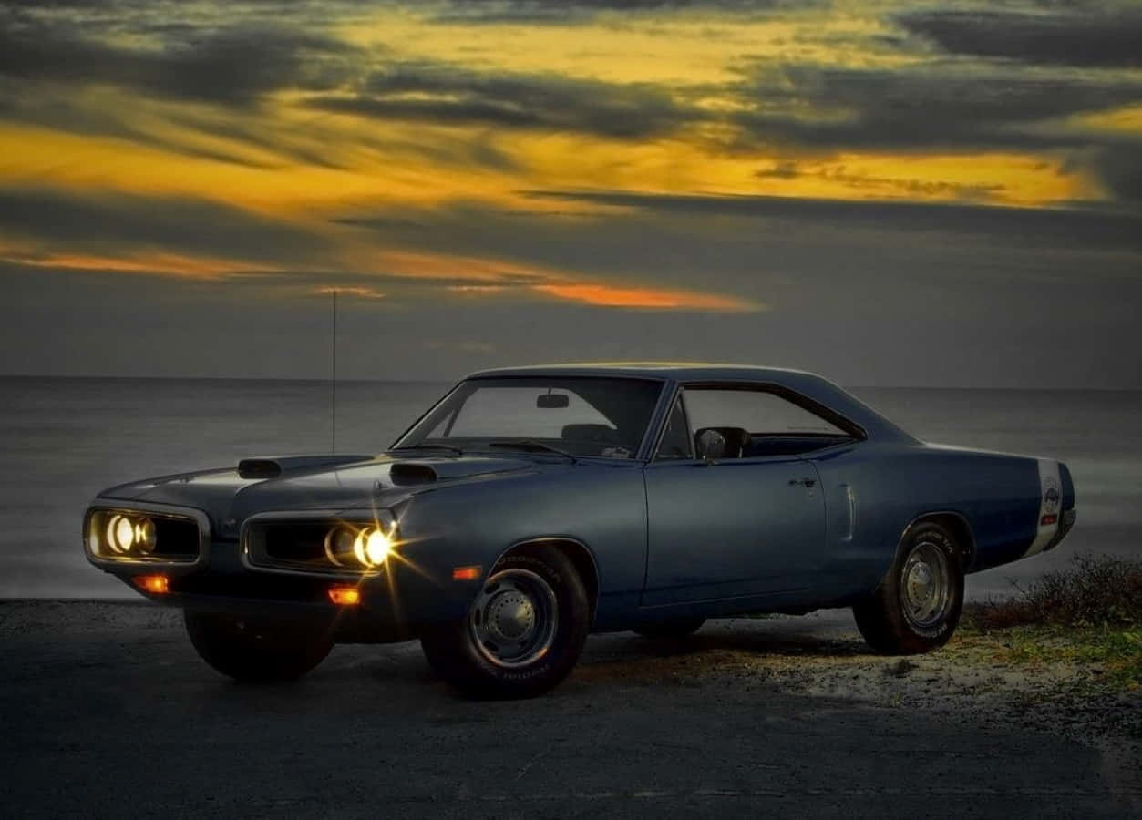 Dodge Super Bee, classic blue muscle car, glowing headlights, SD Desktop Wallpaper