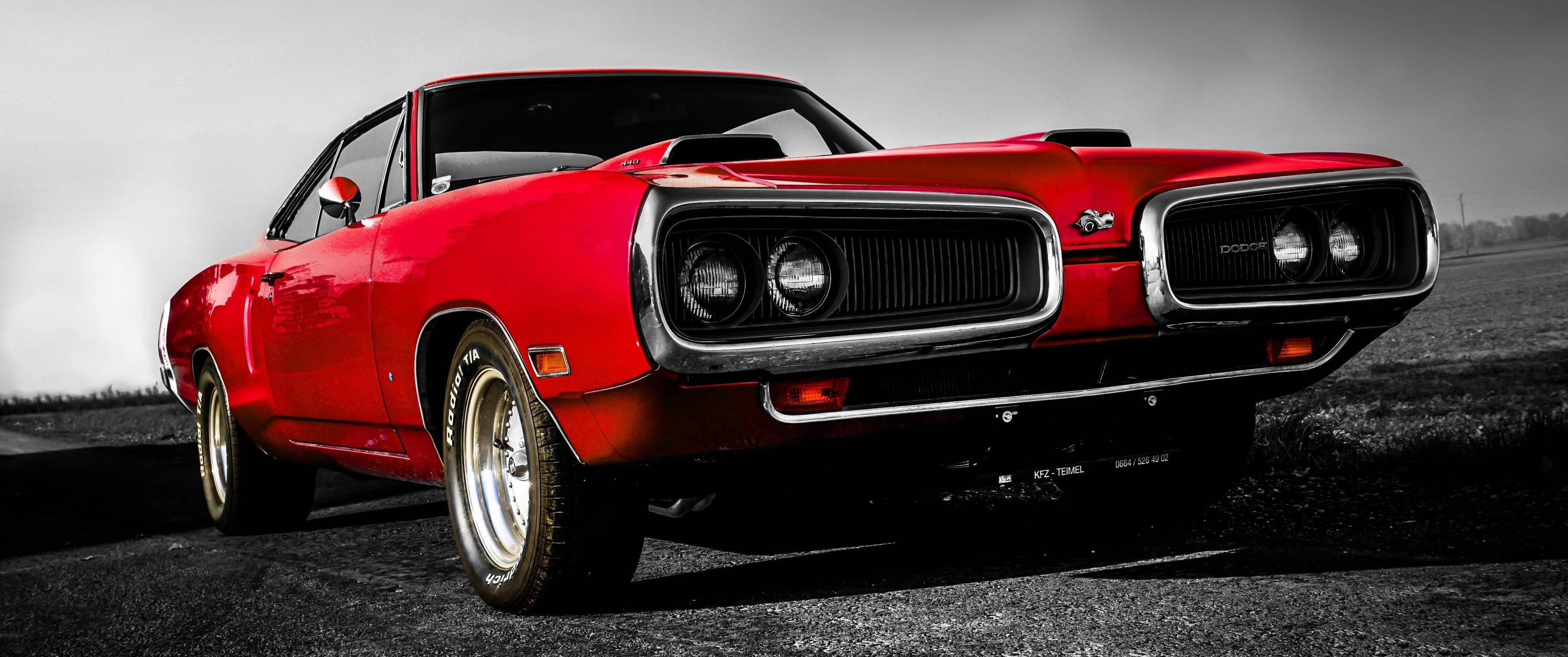 Dodge Super Bee, vibrant red, chrome details, 2K Desktop Wallpaper