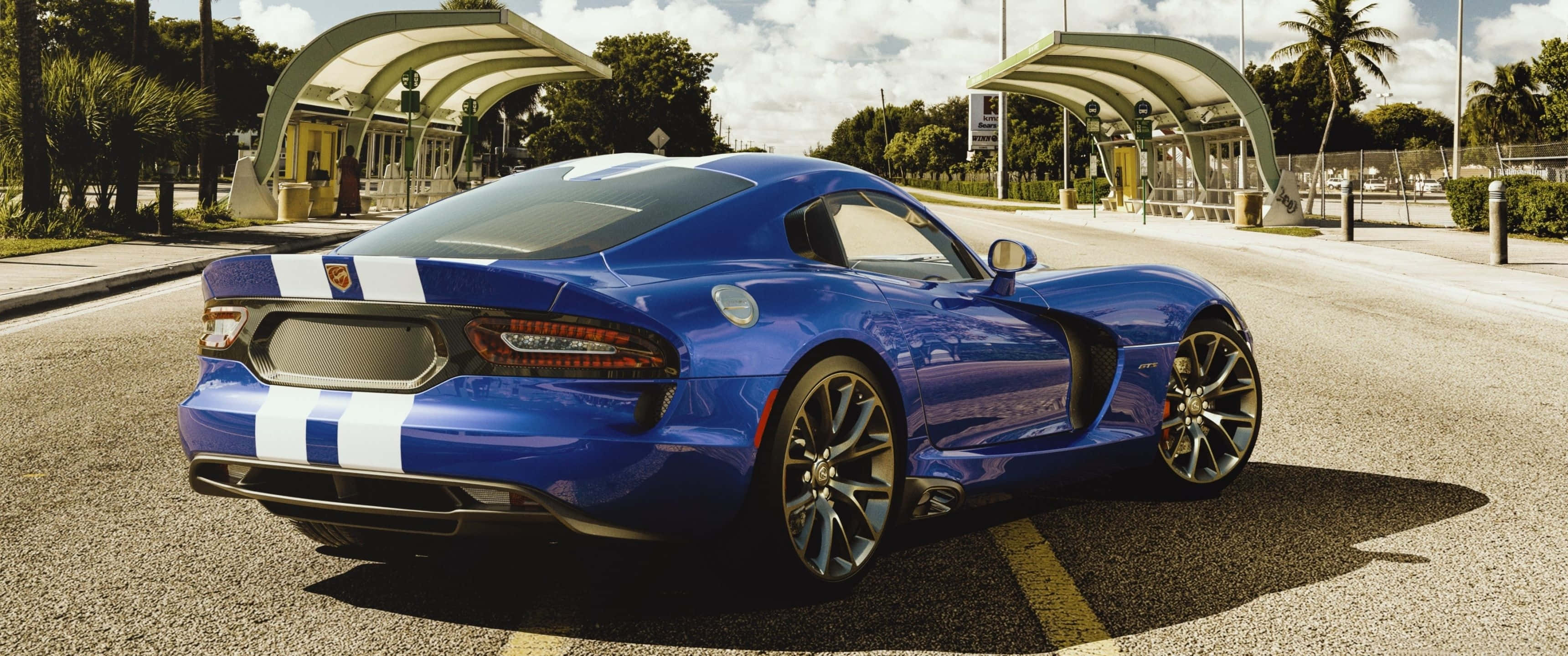 Dodge Viper, glossy blue, white racing stripes, 2K Desktop Wallpaper