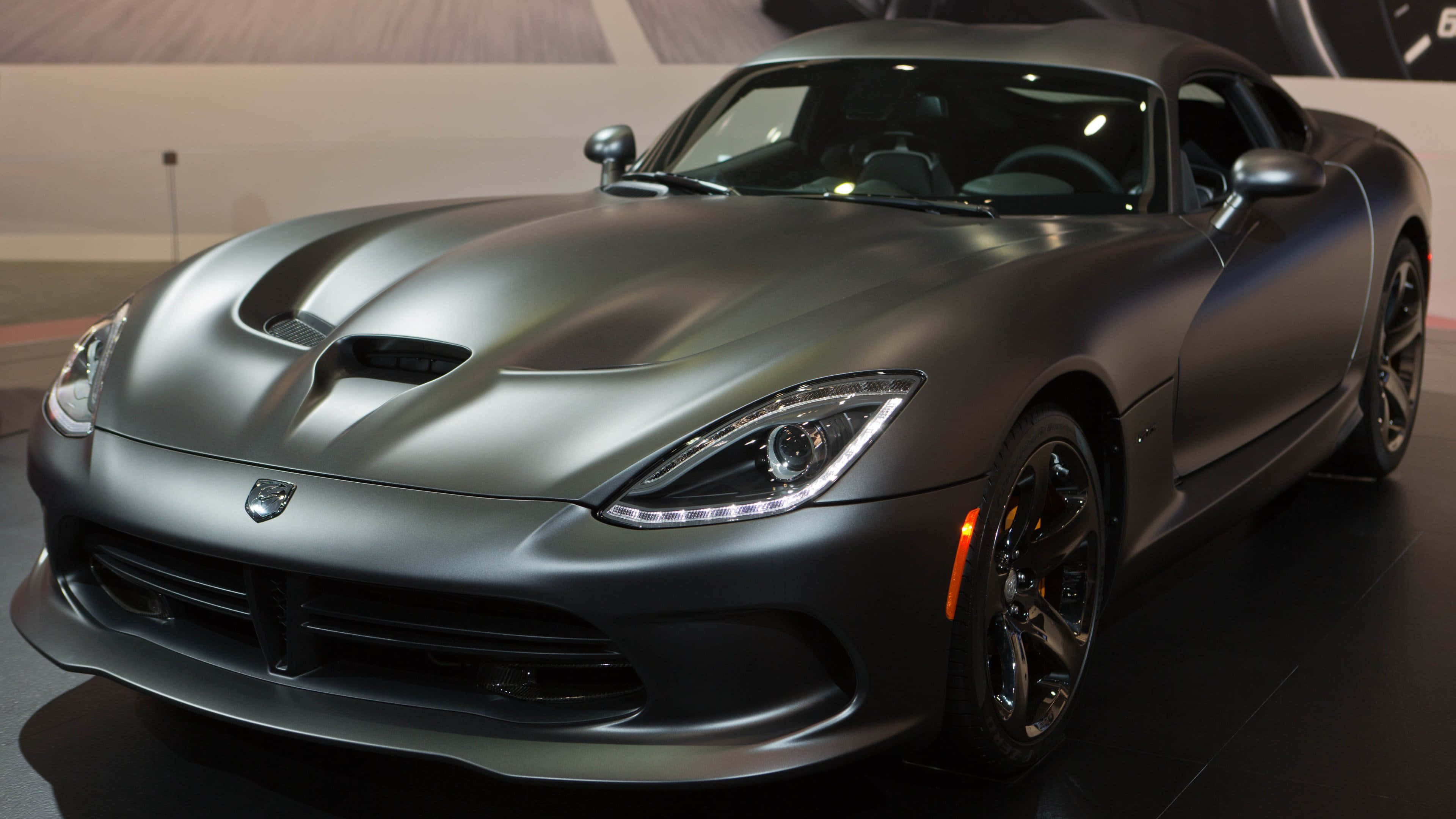 Matte Black Dodge Viper, sports car, showroom lights, 4K Desktop Wallpaper