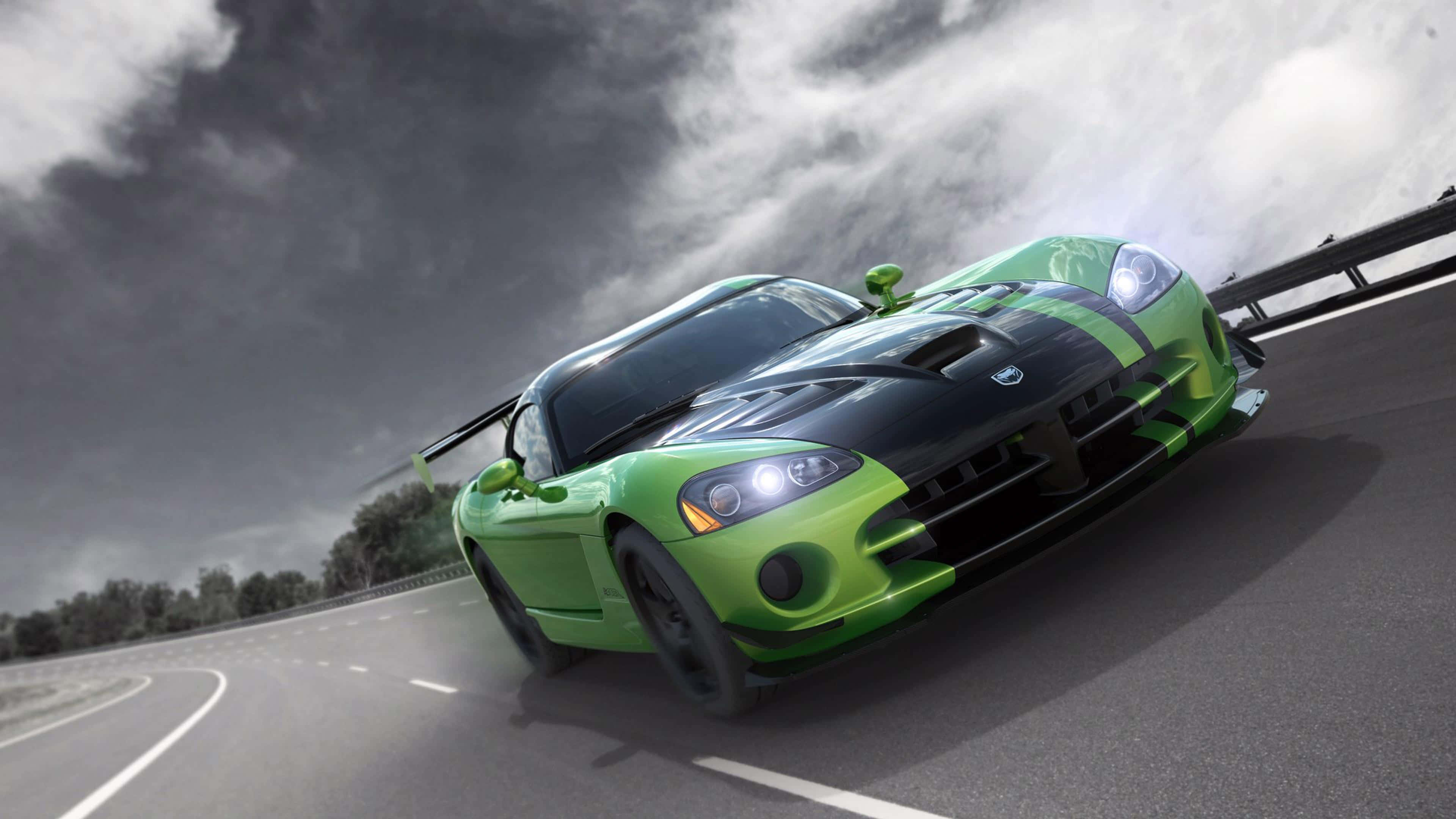 Dodge Viper, vibrant green, curving highway, 4K Desktop Wallpaper
