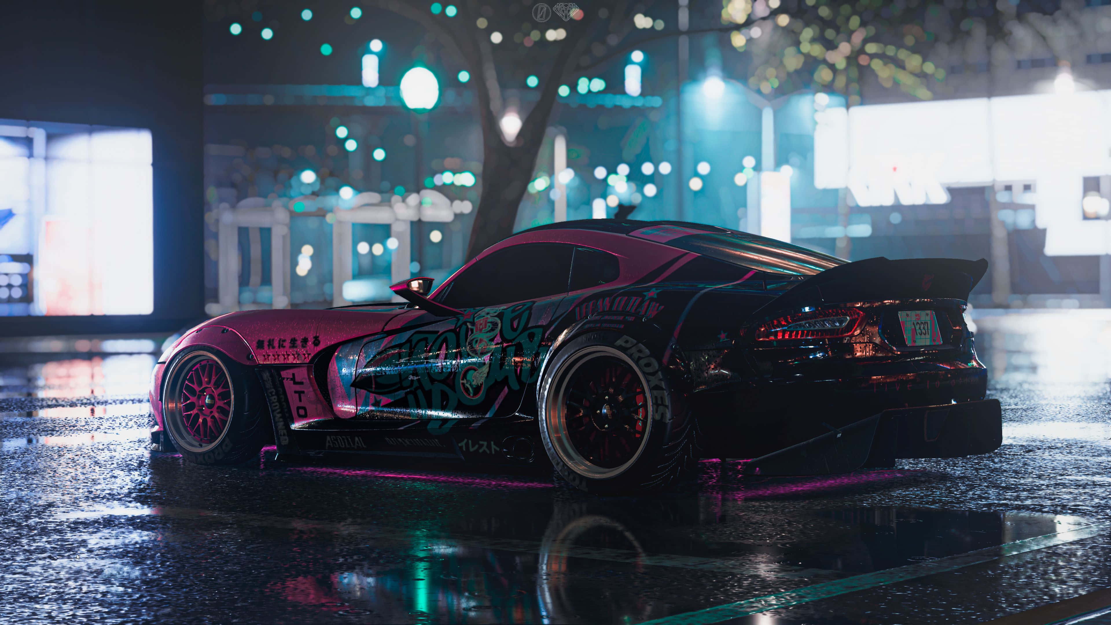 Dodge Viper, neon lights, wet city street, 4K Desktop Wallpaper