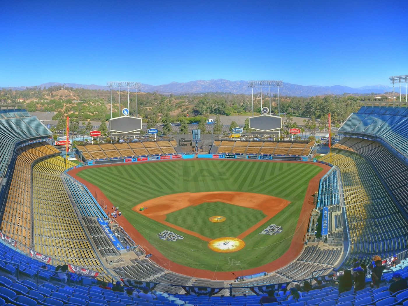 Dodger Stadium, blue and yellow seats, clear blue sky, HD Desktop Wallpaper