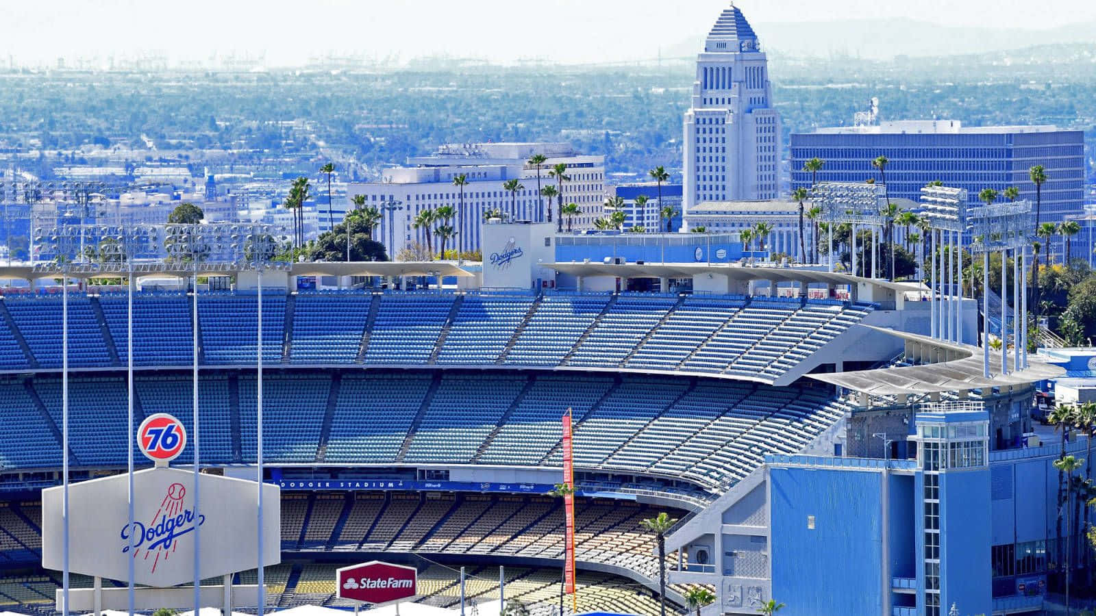 Dodger Stadium, blue seats, downtown Los Angeles skyline, HD Desktop Wallpaper