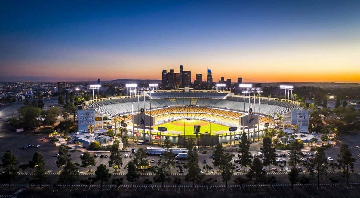 Dodger Stadium, dusk, glowing orange and blue sky, SD Desktop Wallpaper