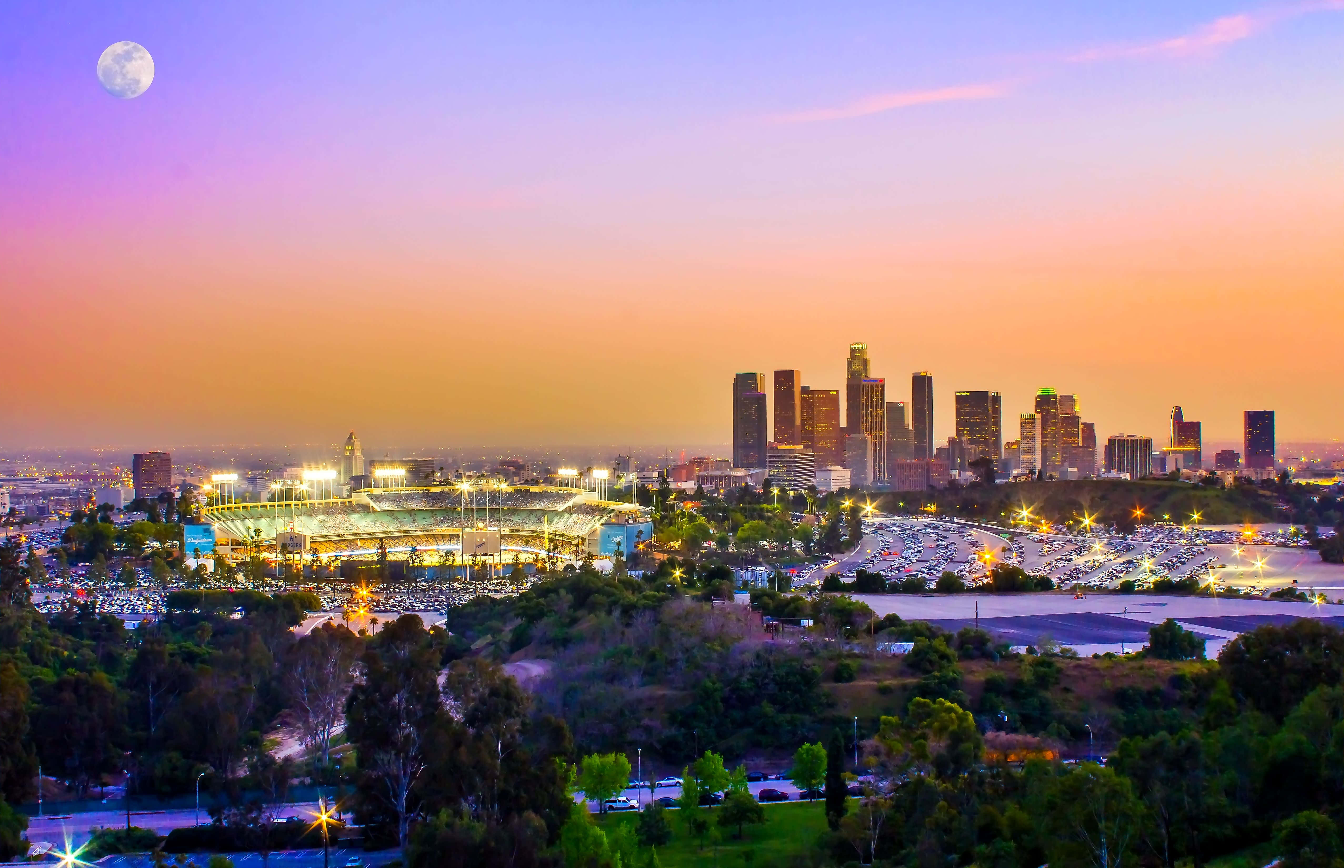 Dodger Stadium, dusk, full moon, 4K Desktop Wallpaper