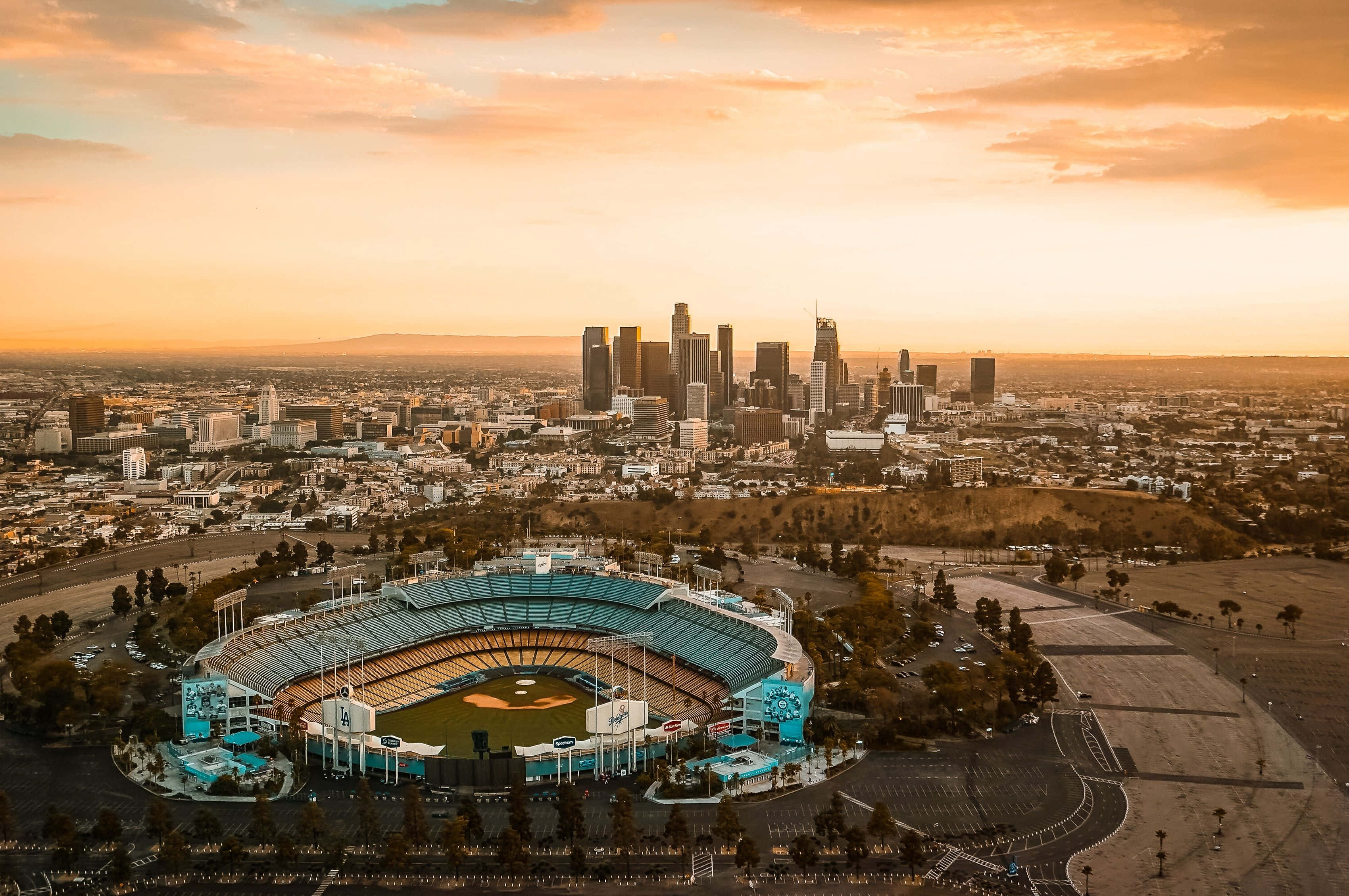 Dodger Stadium, sunset, golden sky, 2K Desktop Wallpaper