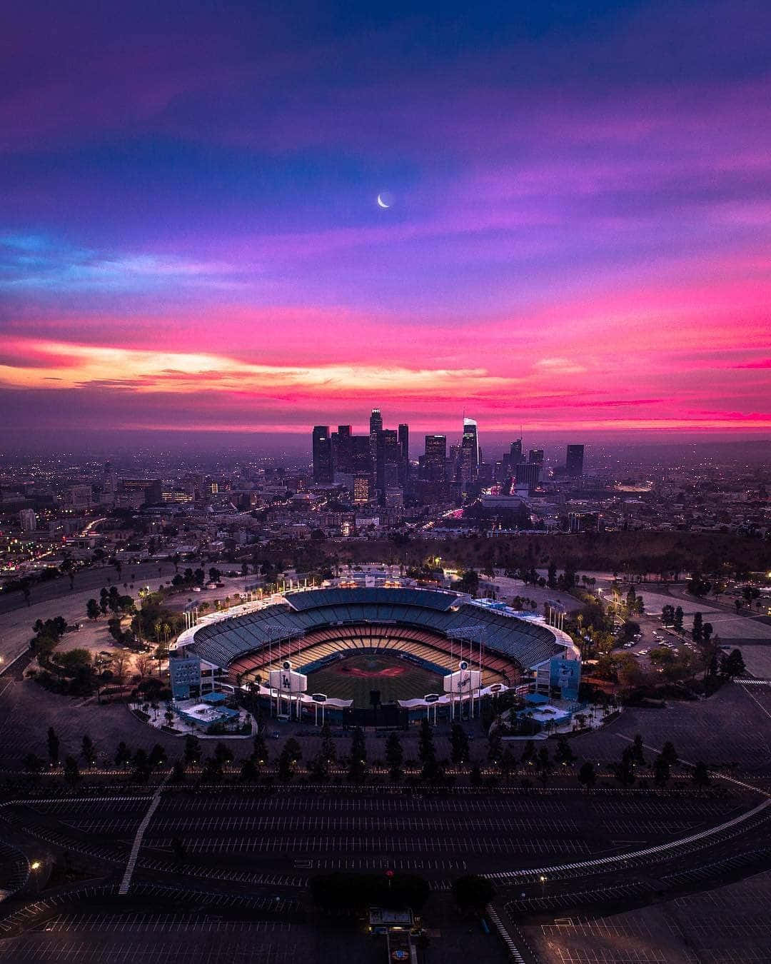 Dodger Stadium, dusk, vibrant pink purple sky, HD Phone Wallpaper