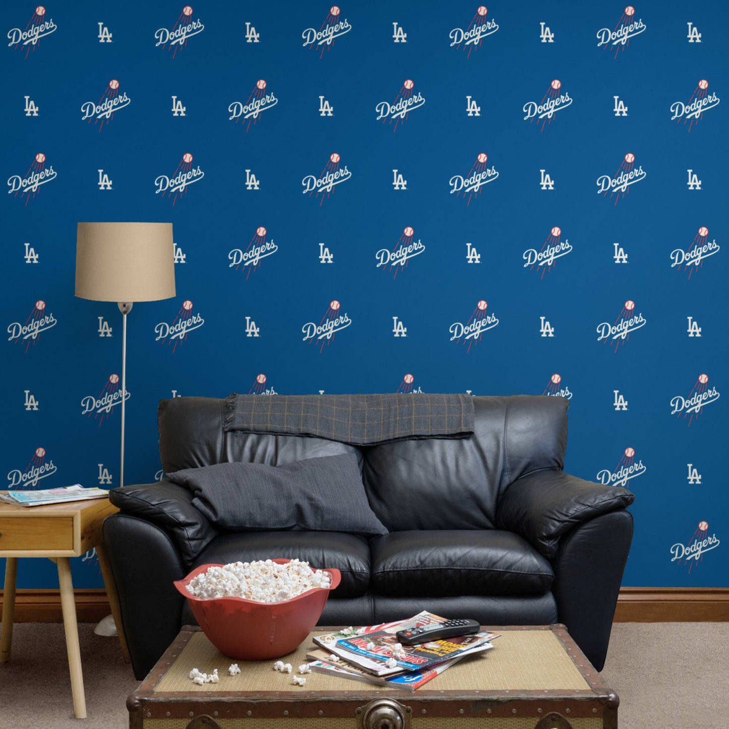 Dodgers Logo, black leather sofa, blue wallpaper, HD Desktop Wallpaper