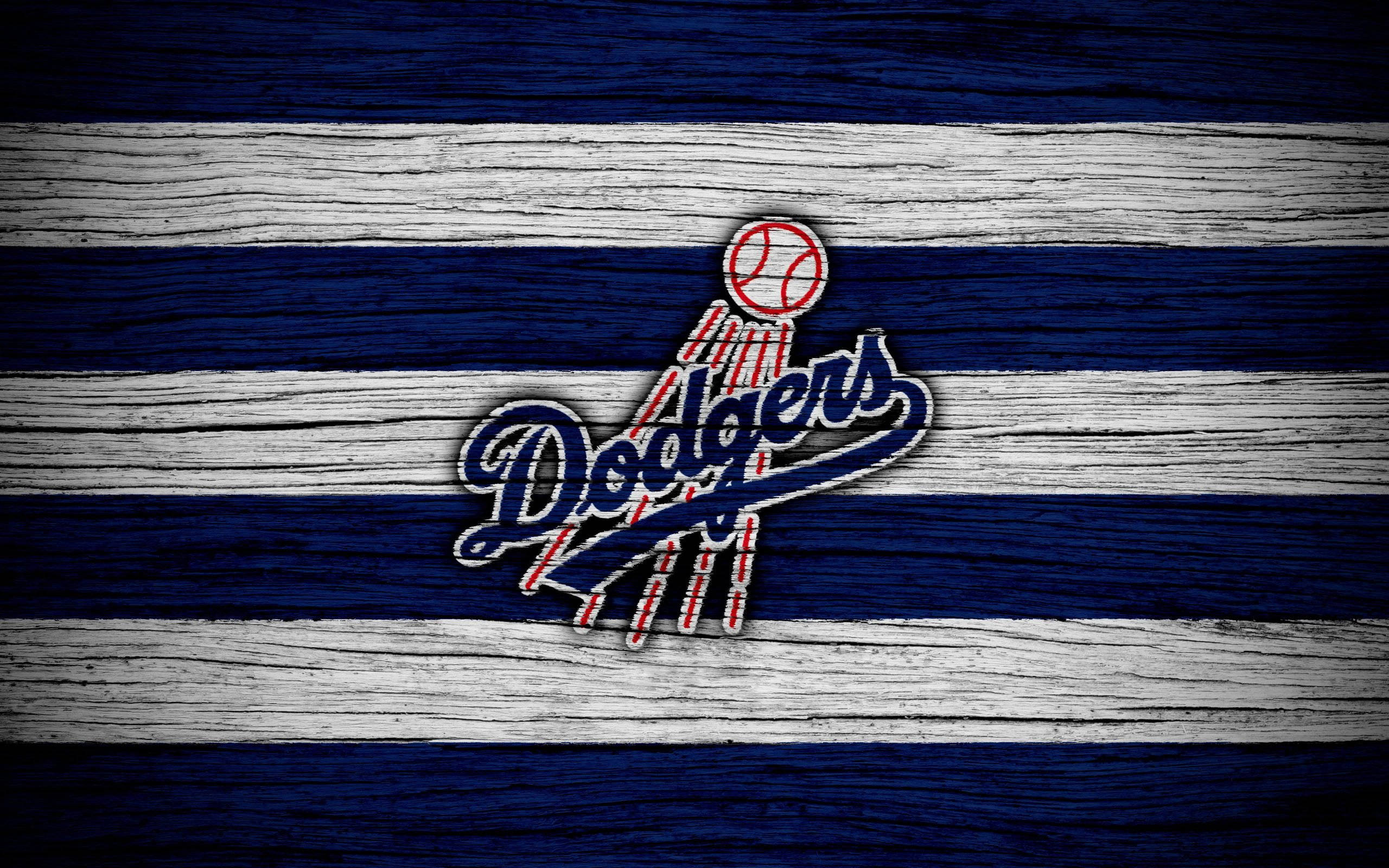 Dodgers Logo, blue red and white, weathered wooden planks, 2K Desktop Wallpaper