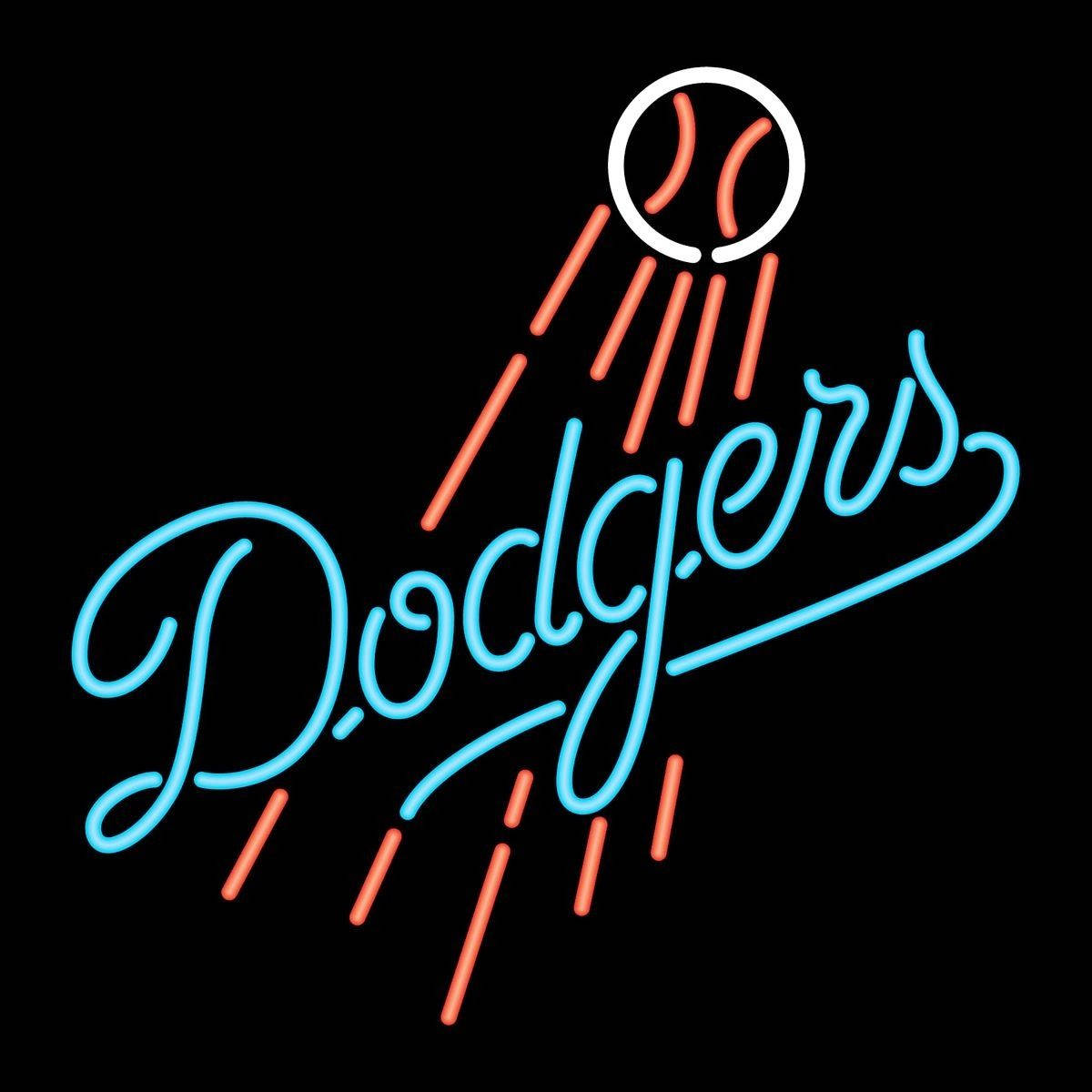 Dodgers Logo, neon sign, blue cursive Dodgers text, SD Desktop Wallpaper