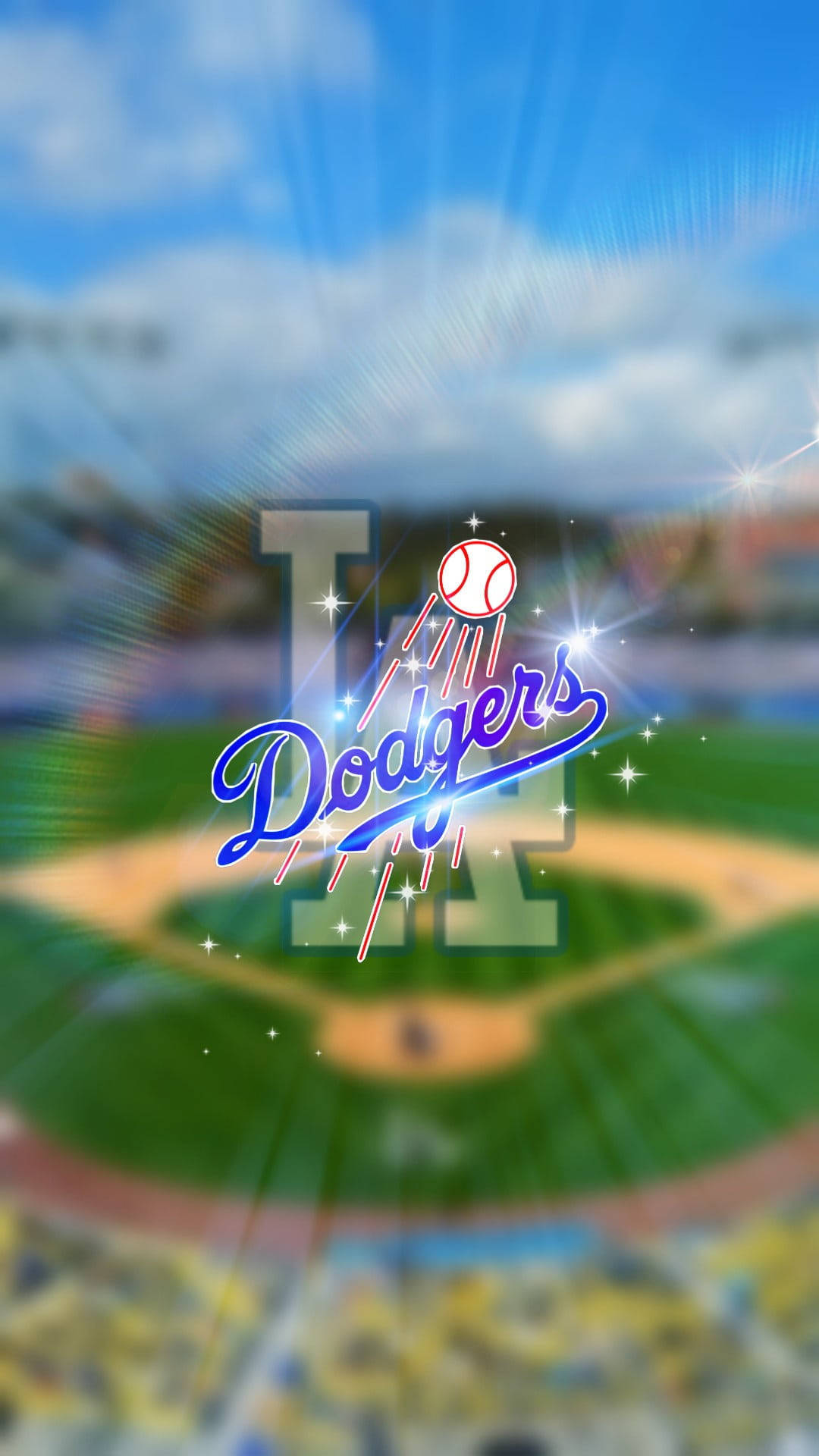 Dodgers logo, sunlit baseball field, cheering crowd, Full HD Phone Wallpaper