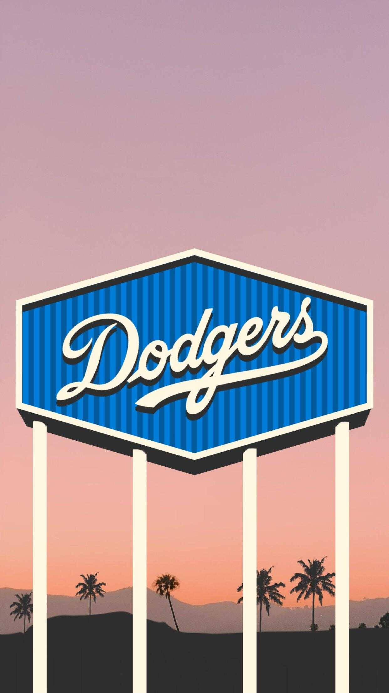 Dodgers Logo, vintage blue Dodgers sign, pink and orange sunset sky, Full HD Phone Wallpaper
