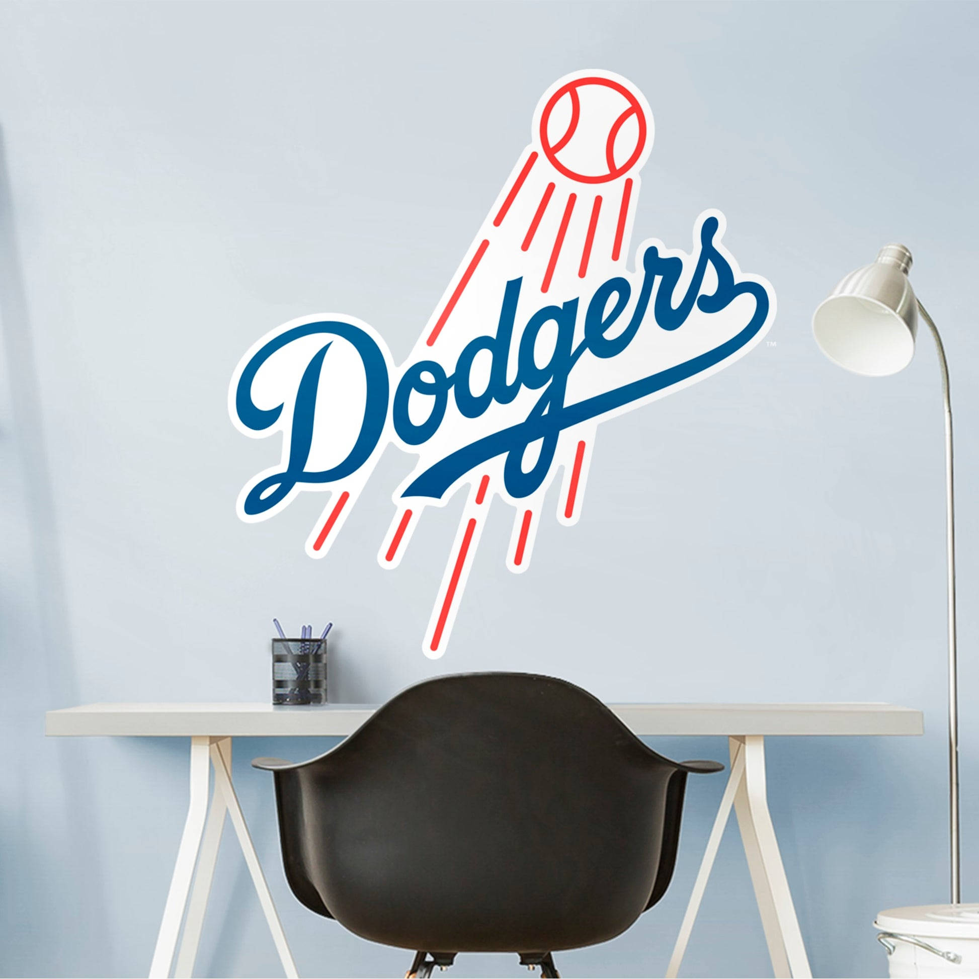 Dodgers Logo, blue and red, light blue wall, Full HD Desktop Wallpaper