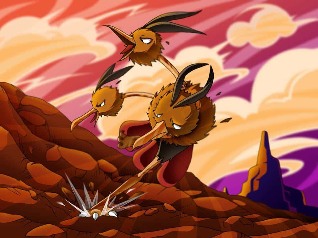 Dodrio, rocky terrain, fiery sunset sky, SD Desktop Wallpaper