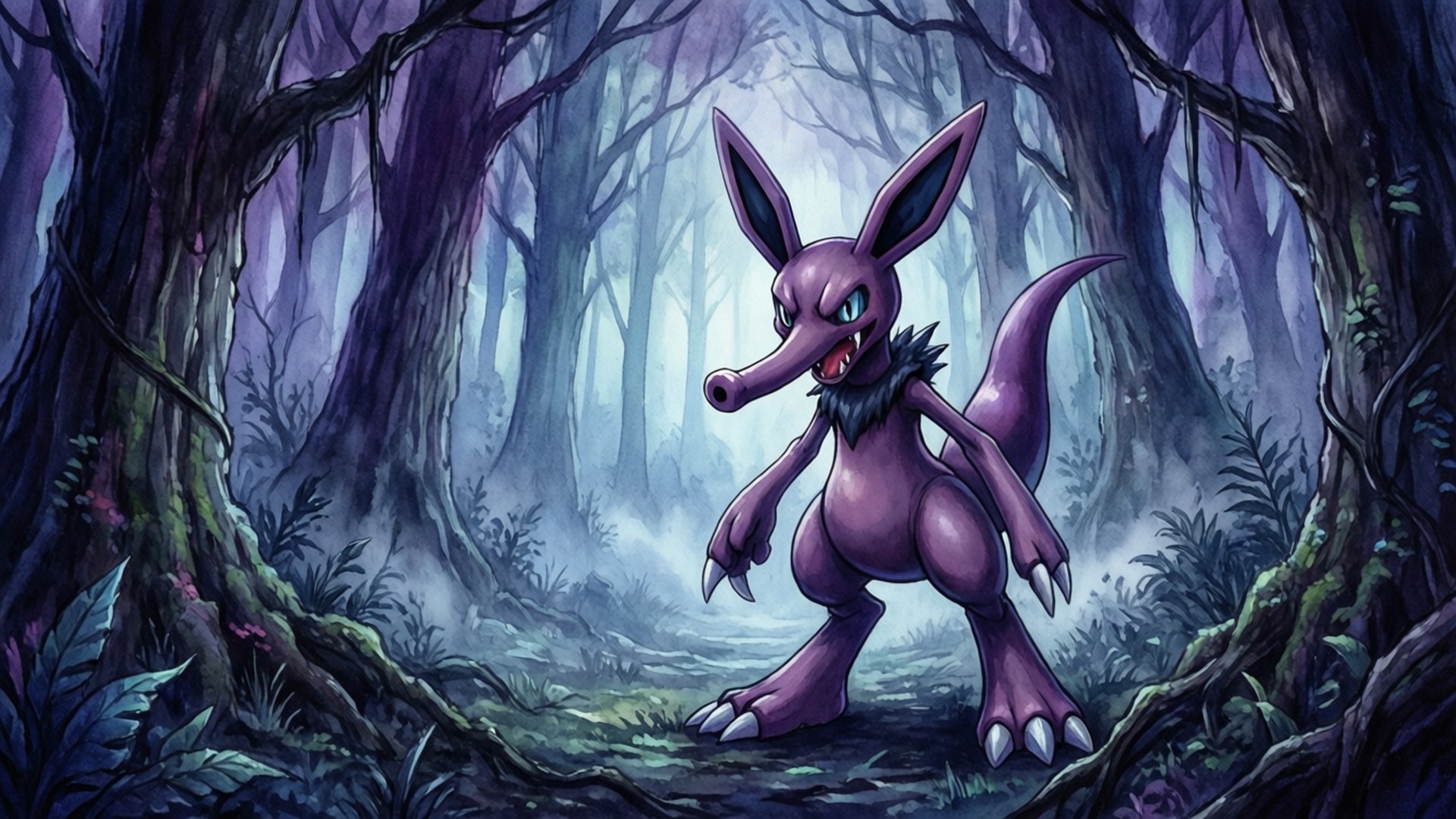 Misty Forest Dodrio, purple-blue mist, watercolor art, Full HD Desktop Wallpaper