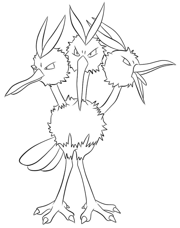 Dodrio, black and white line drawing, three-headed bird-like creature, SD Phone Wallpaper