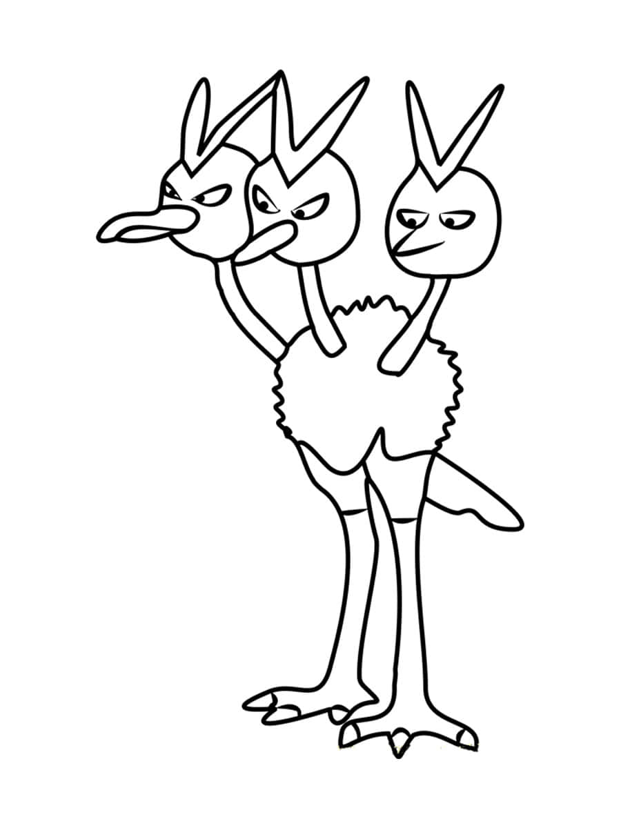 Dodrio, black and white line drawing, three-headed bird-like creature, SD Phone Wallpaper