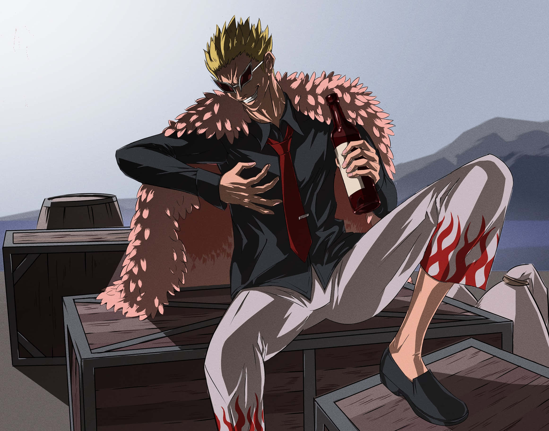Doflamingo, spiky-haired anime man, fur-lined coat, Full HD Desktop Wallpaper