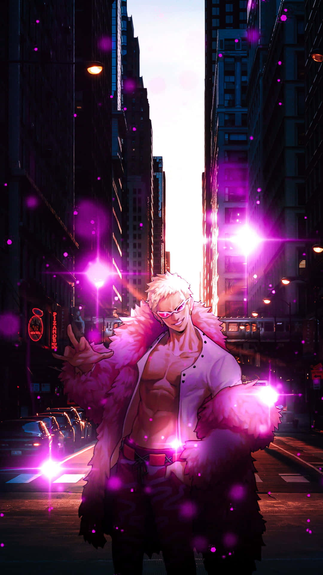 Doflamingo, neon-lit city street, purple energy particles, Full HD Phone Wallpaper