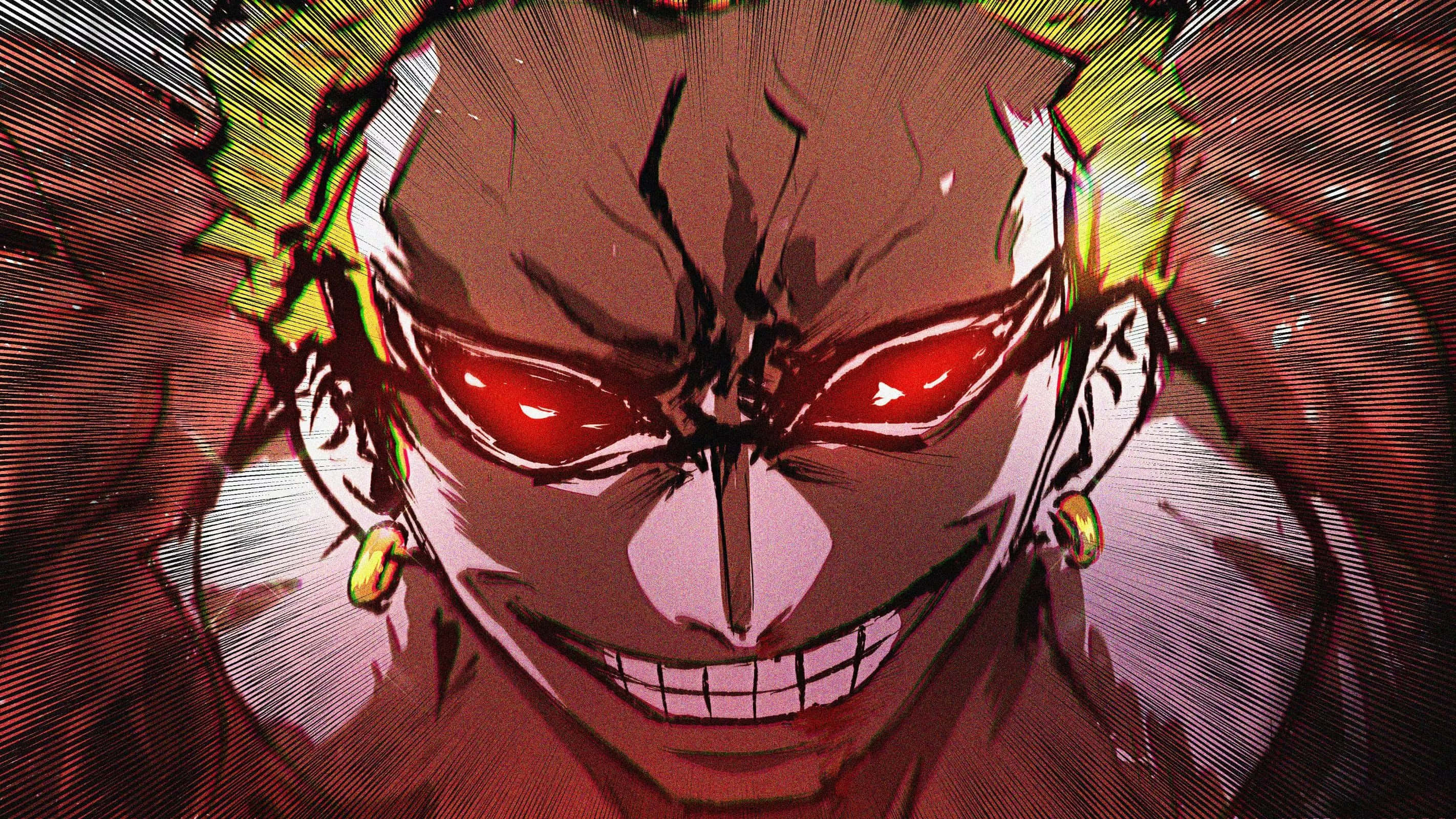 Doflamingo, glowing red eyes, wide grin, 2K Desktop Wallpaper