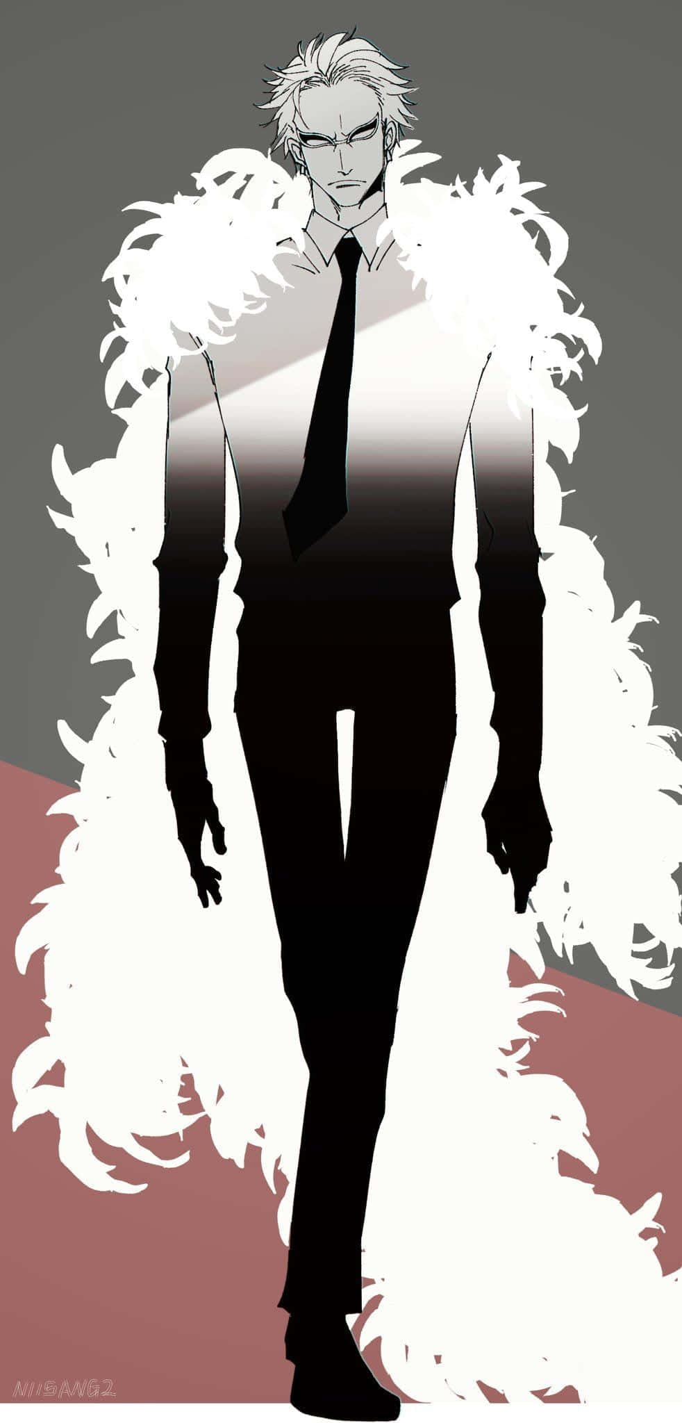Doflamingo, black suit and tie, white feathered cloak, Full HD Phone Wallpaper