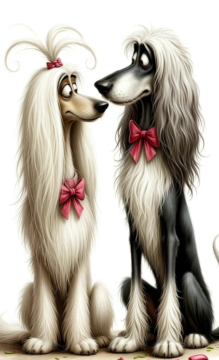 Afghan hounds, long flowing fur, red bows, SD Phone Wallpaper