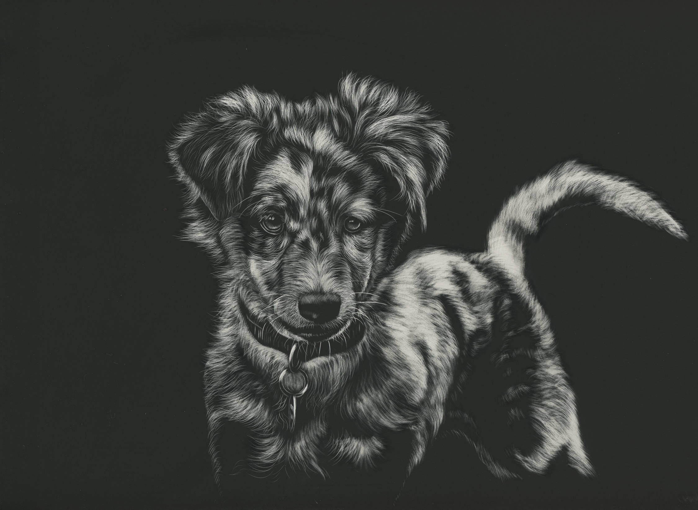 black and white dog, fluffy puppy, collar, Full HD Desktop Wallpaper