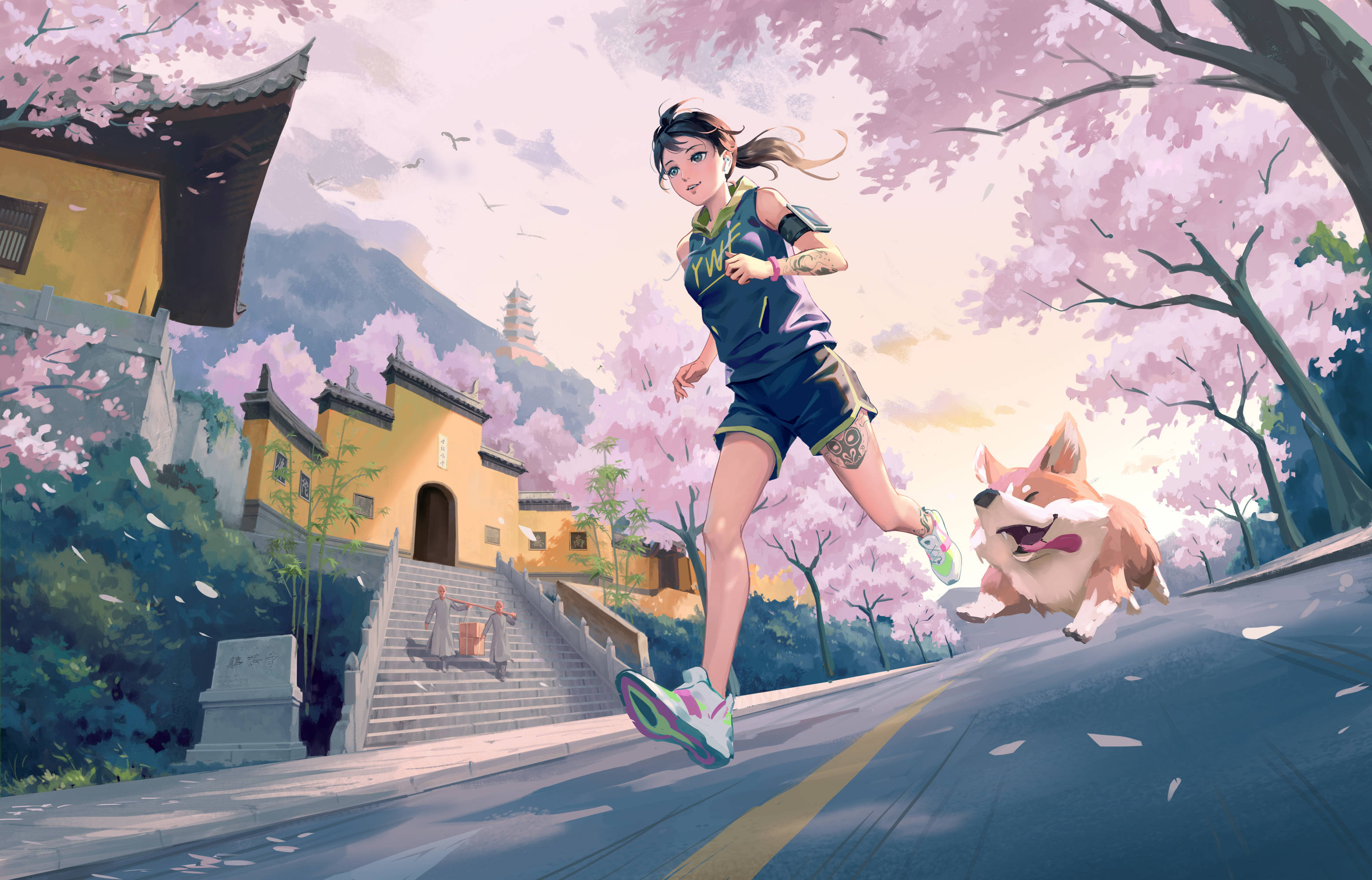 corgi, cherry trees, yellow temple buildings, 2K Desktop Wallpaper