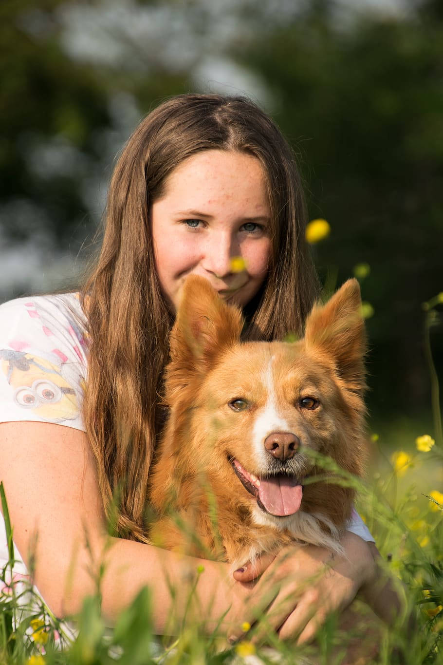 young girl, long brown hair, reddish-brown dog, HD Phone Wallpaper