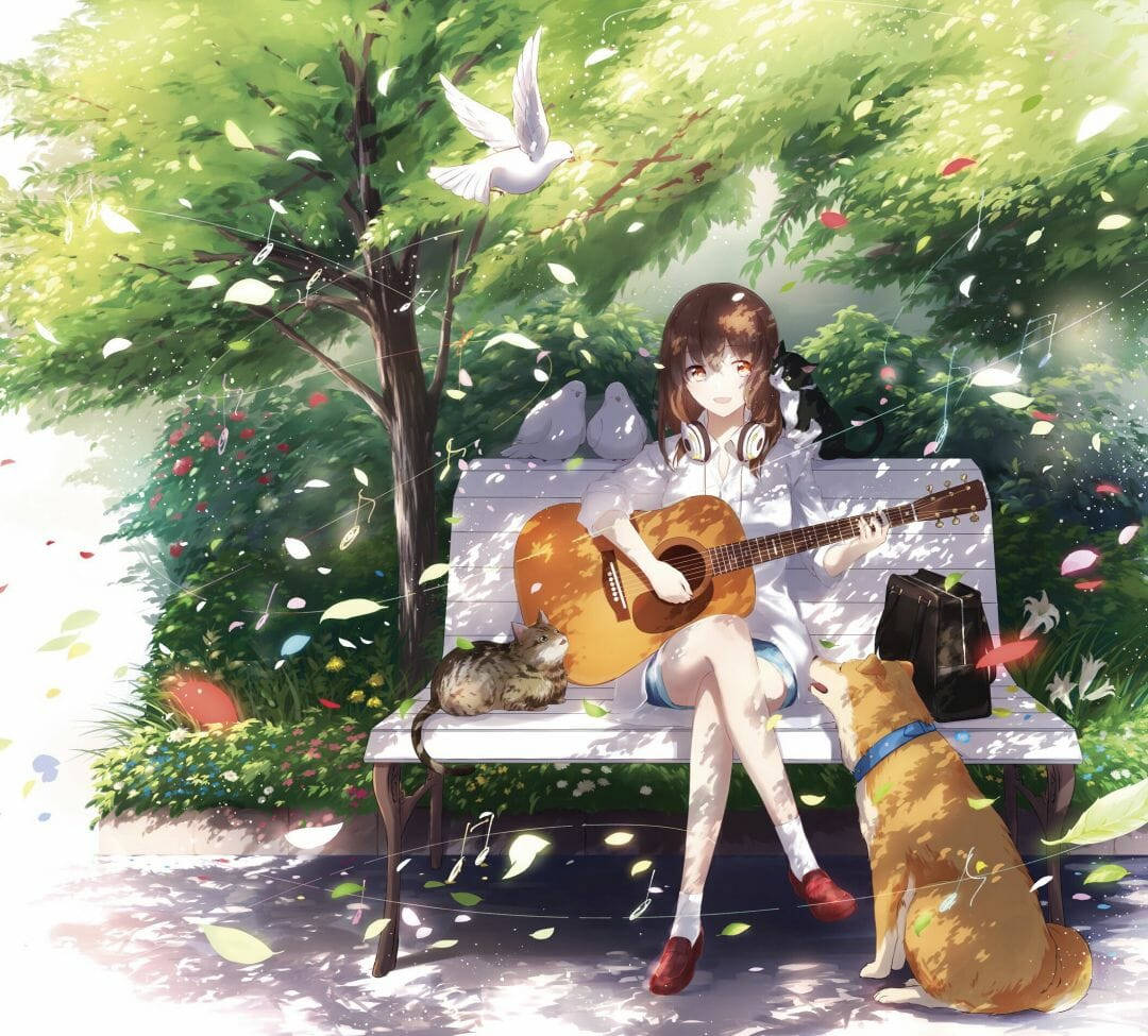 young girl, guitar, bench, SD Desktop Wallpaper