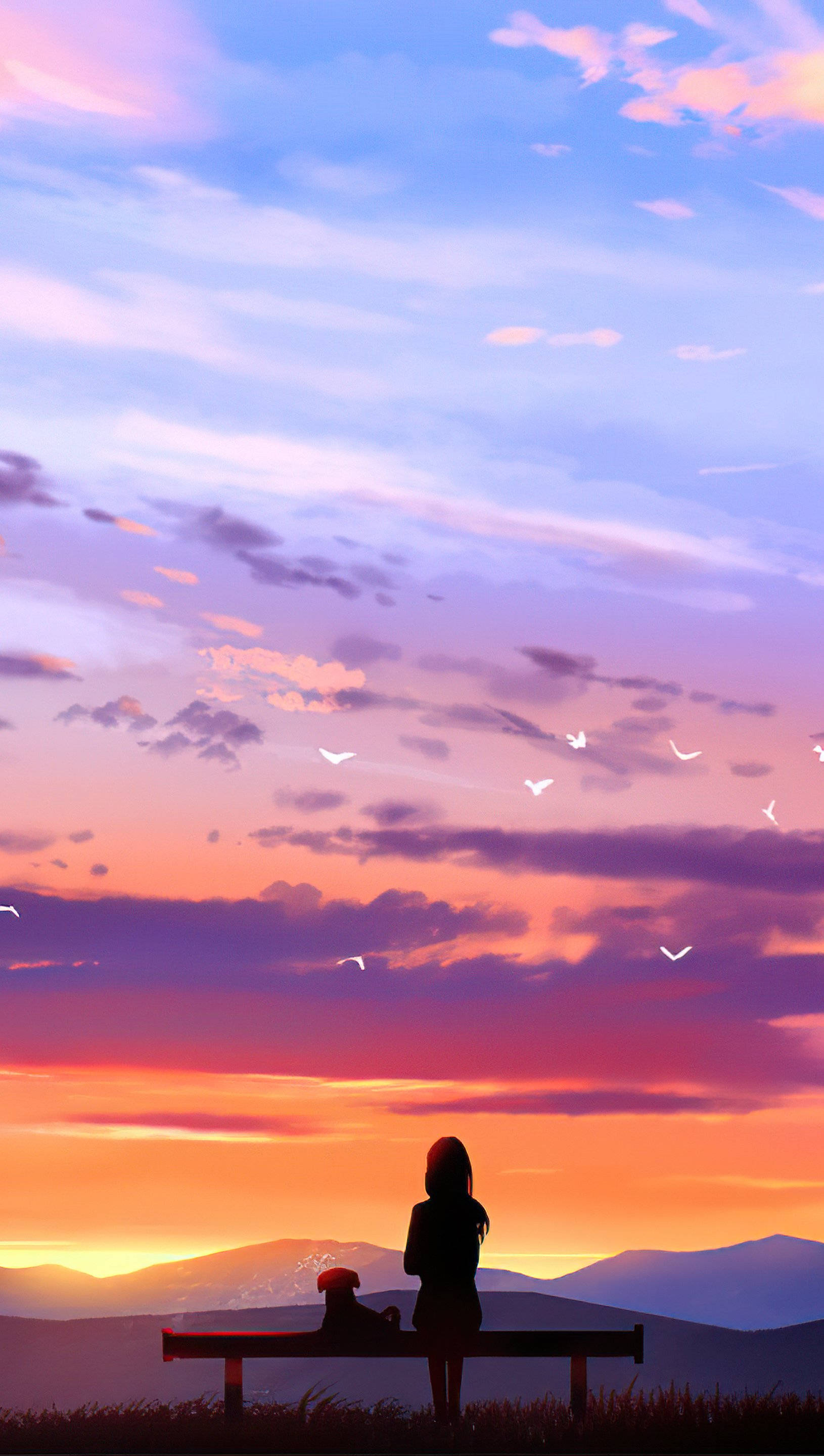Dog And Girl, sunset view, vibrant purple orange sky, 2K Phone Wallpaper