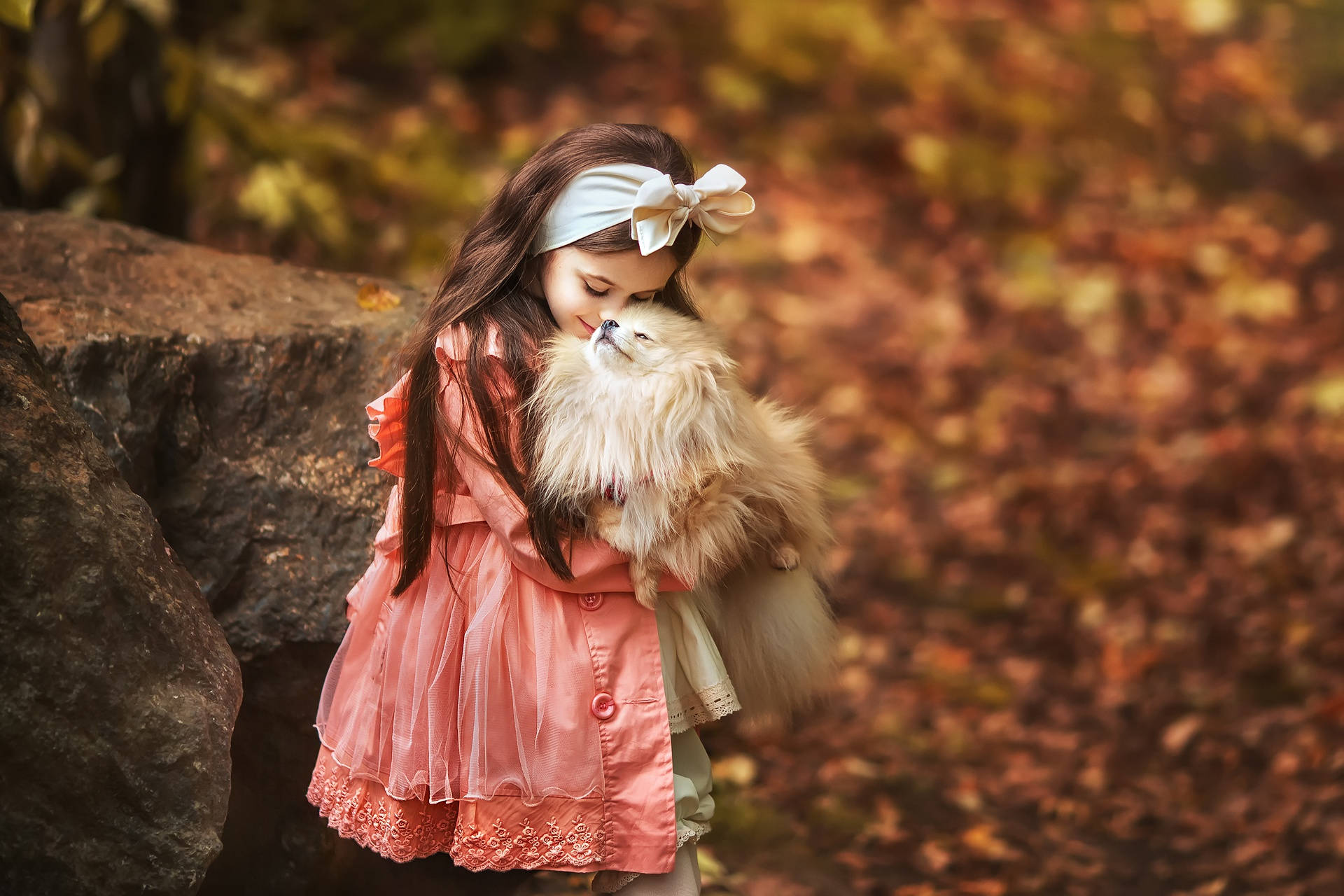 young girl, pink dress, fluffy white dog, Full HD Desktop Wallpaper