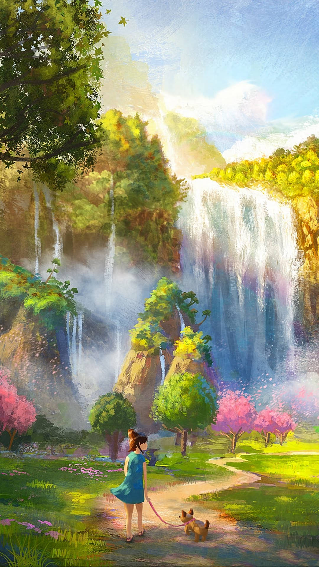 Dog And Girl, nature spring water, blue dress, Full HD Phone Wallpaper