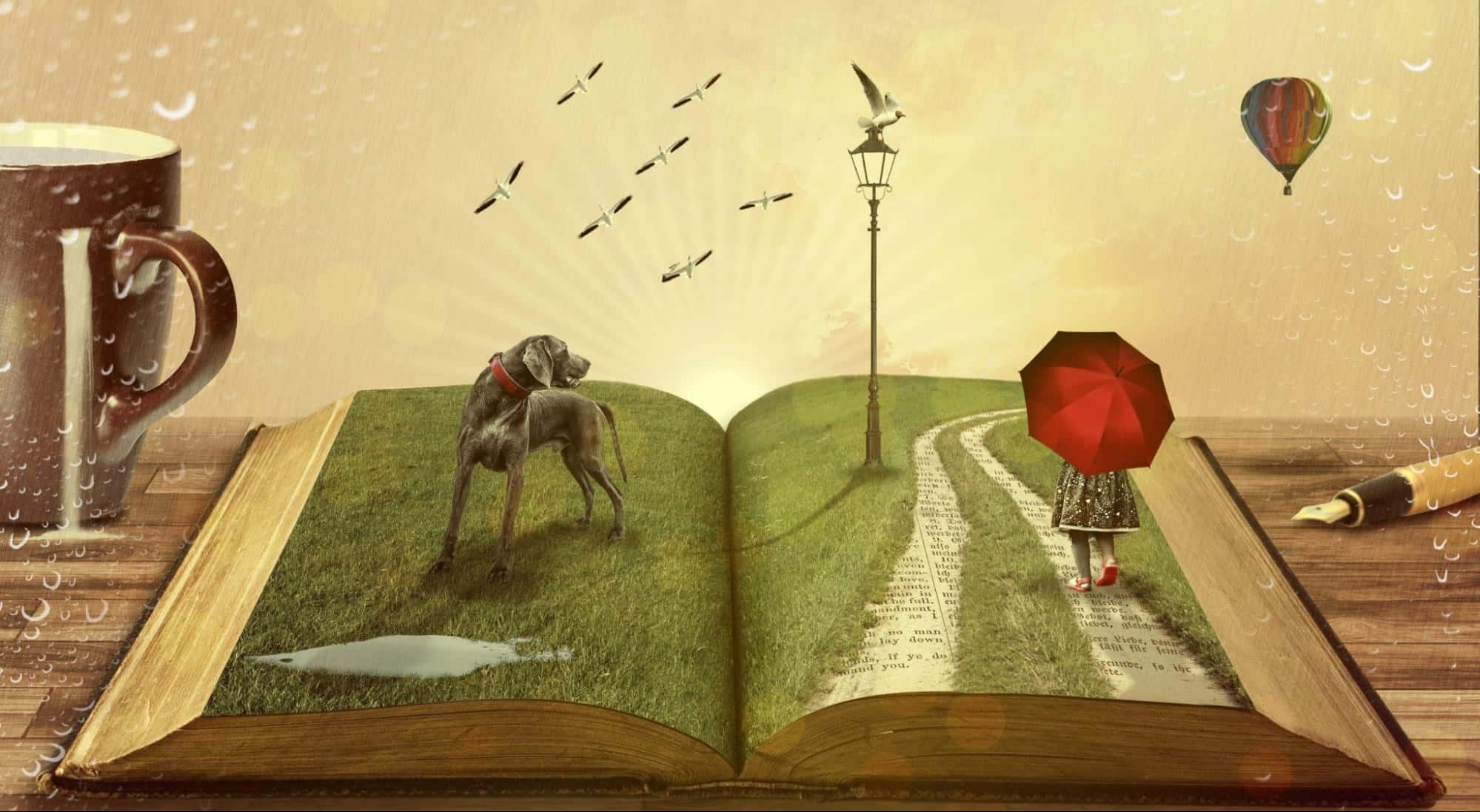 open book, whimsical landscape, girl under a red umbrella, Full HD Desktop Wallpaper