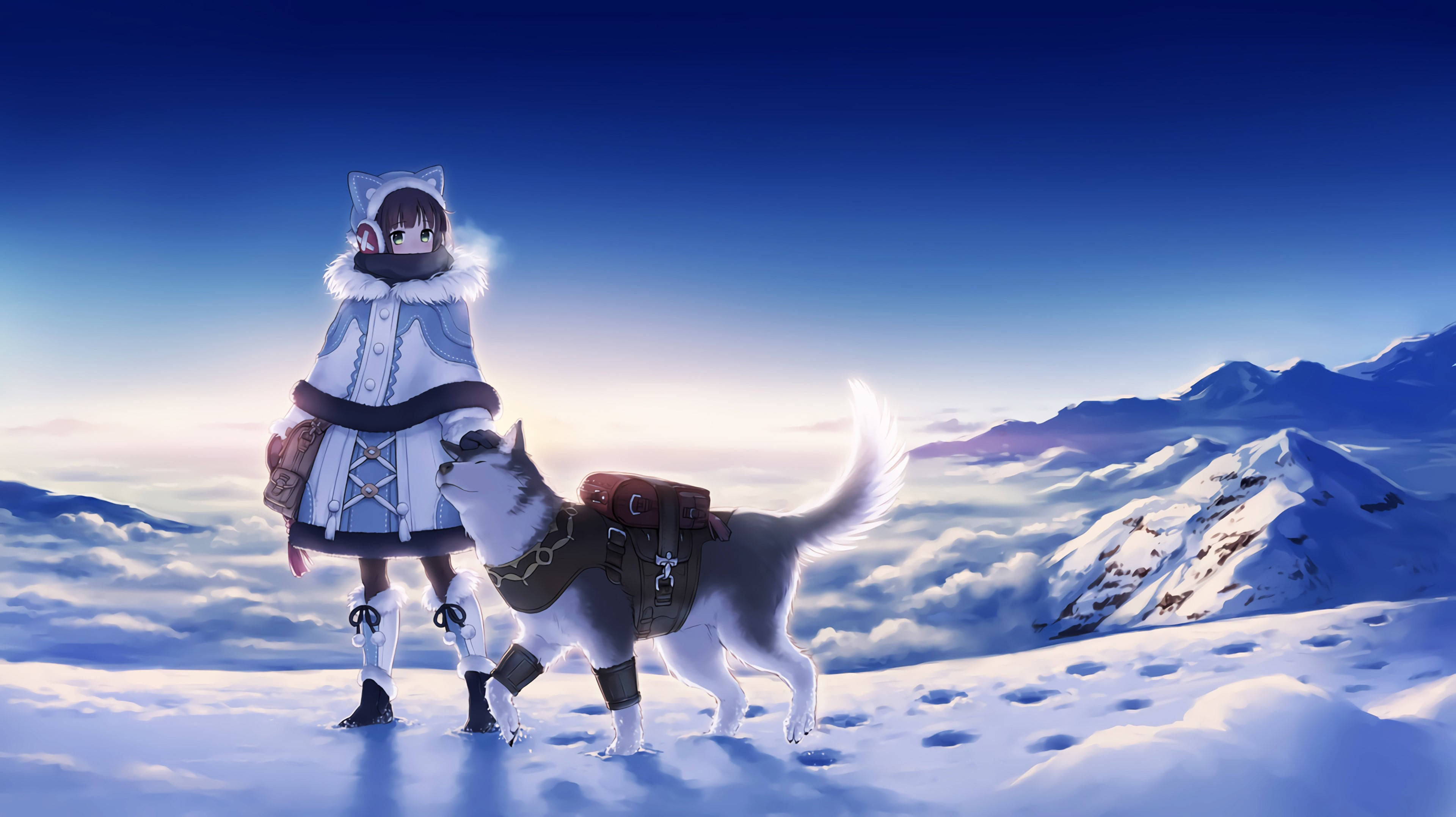 snowy mountain peak, sunrise, winter coat, 4K Desktop Wallpaper