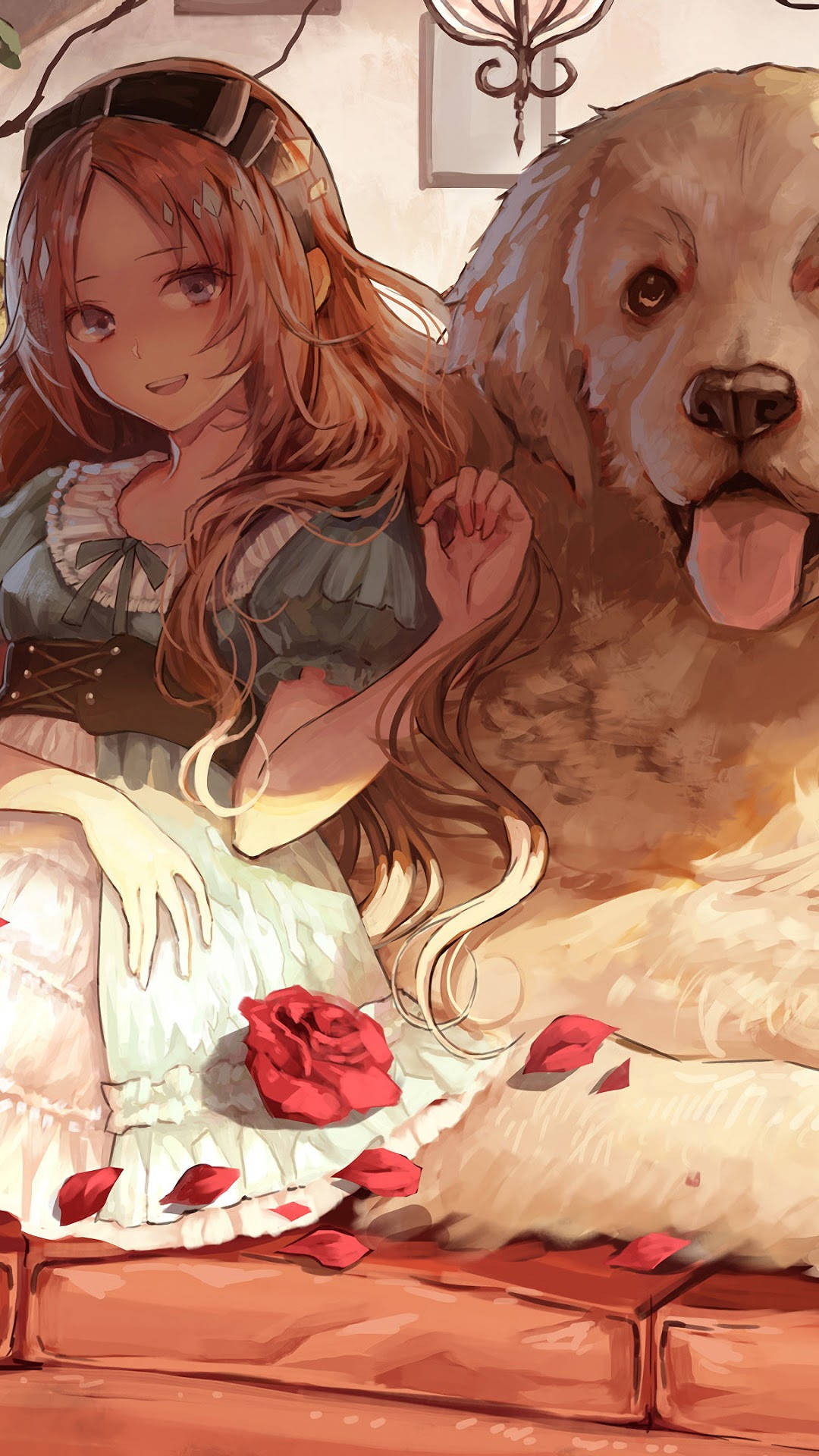 anime girl, long brown hair, fluffy golden retriever, Full HD Phone Wallpaper