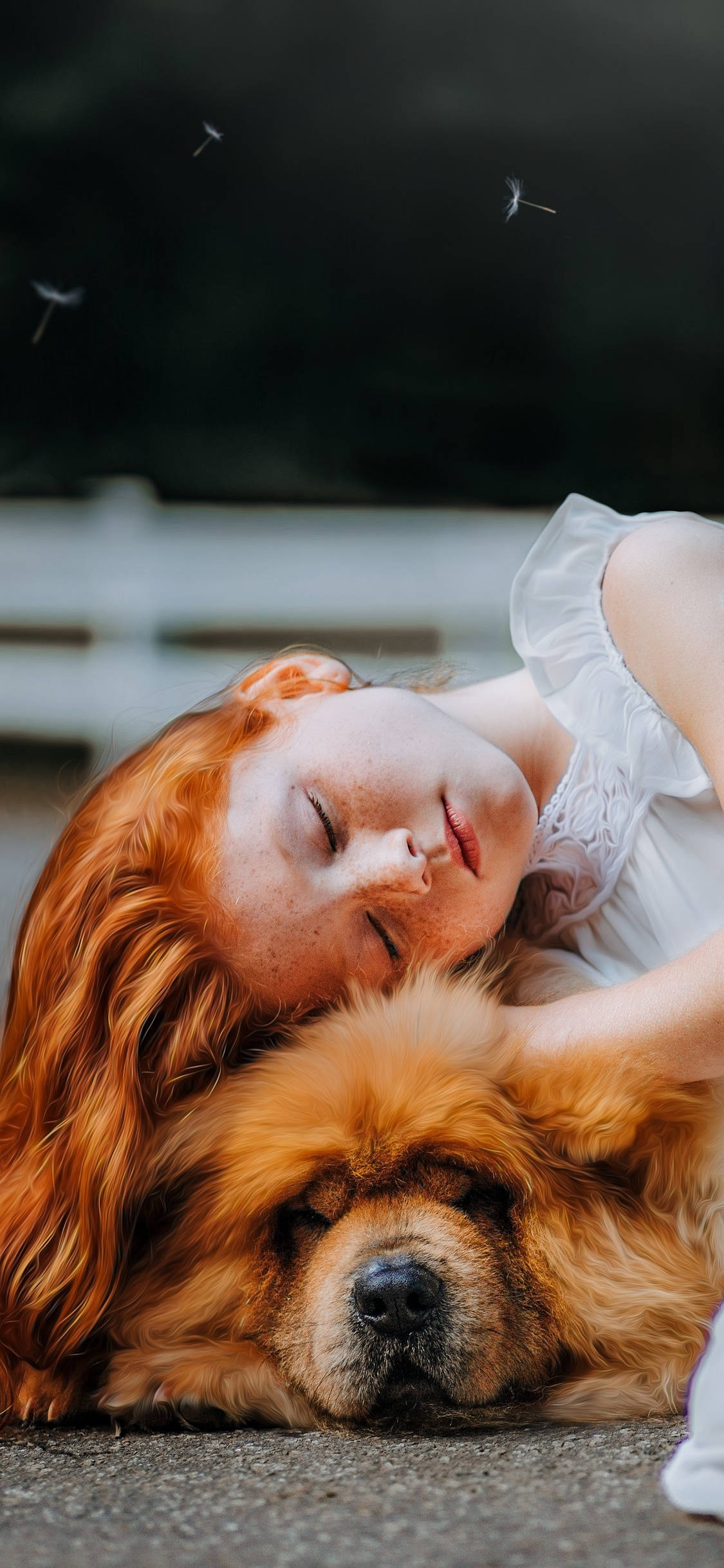 red-haired girl, freckles, fluffy golden dog, Full HD Phone Wallpaper