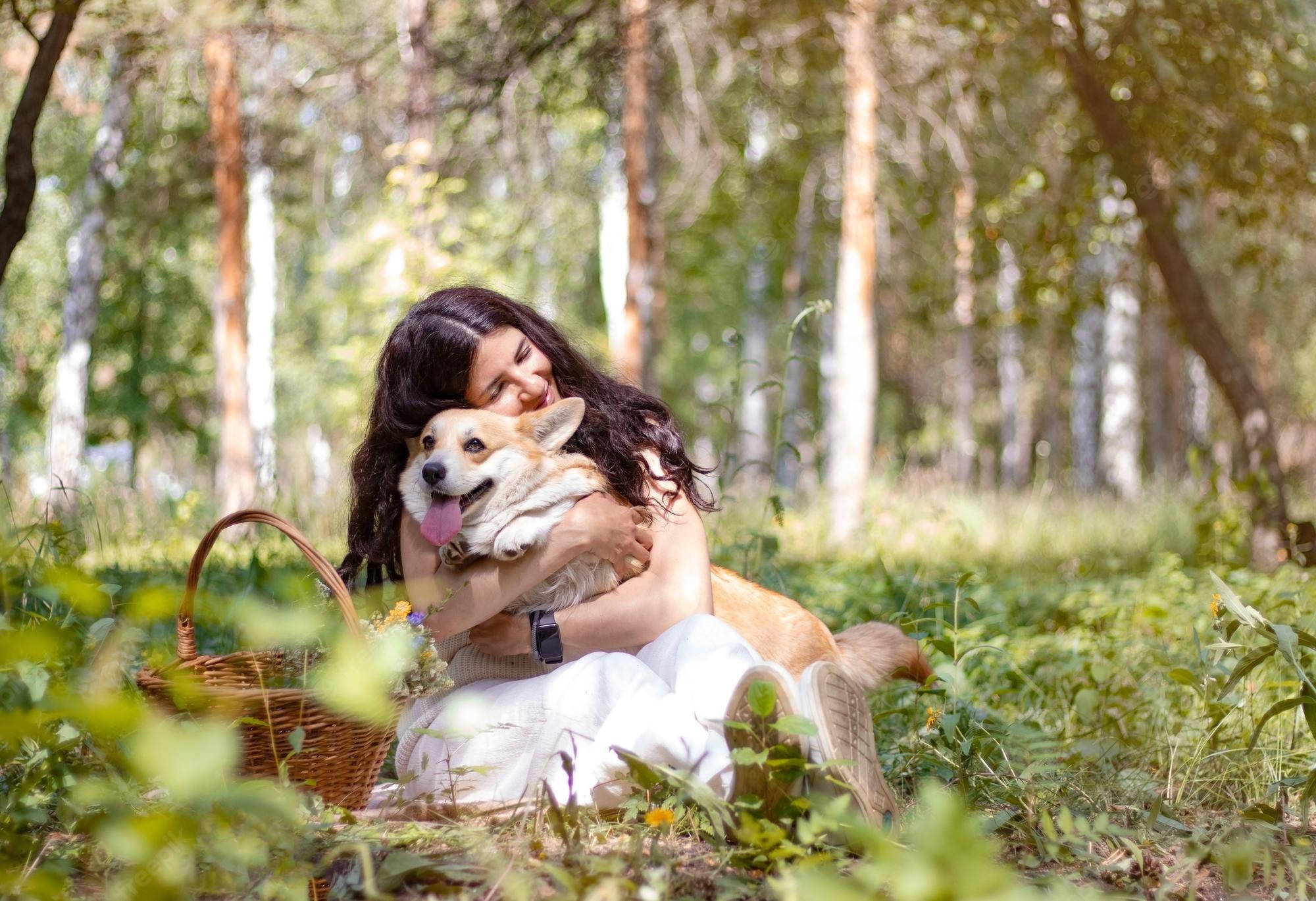 corgi puppy dog, girl, white clothes, Full HD Desktop Wallpaper