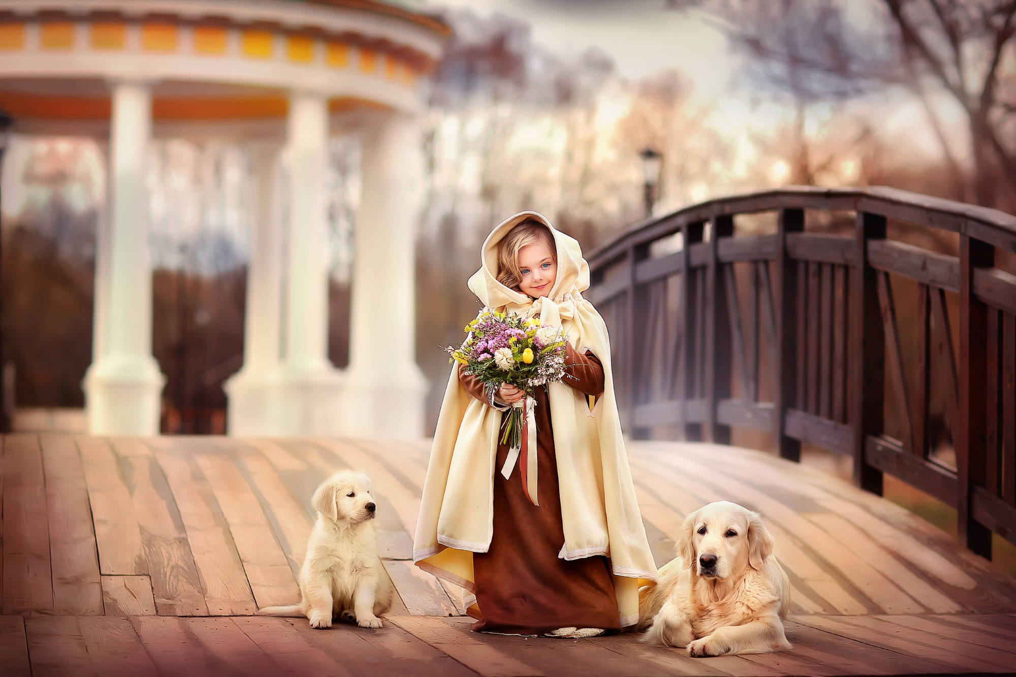 cream cloak, colorful bouquet, wooden bridge, Full HD Desktop Wallpaper