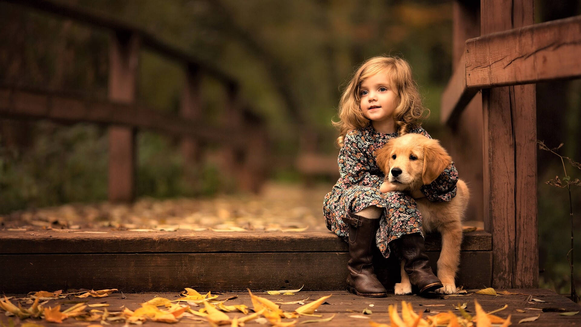 golden retriever puppy, young girl, curly hair, Full HD Desktop Wallpaper