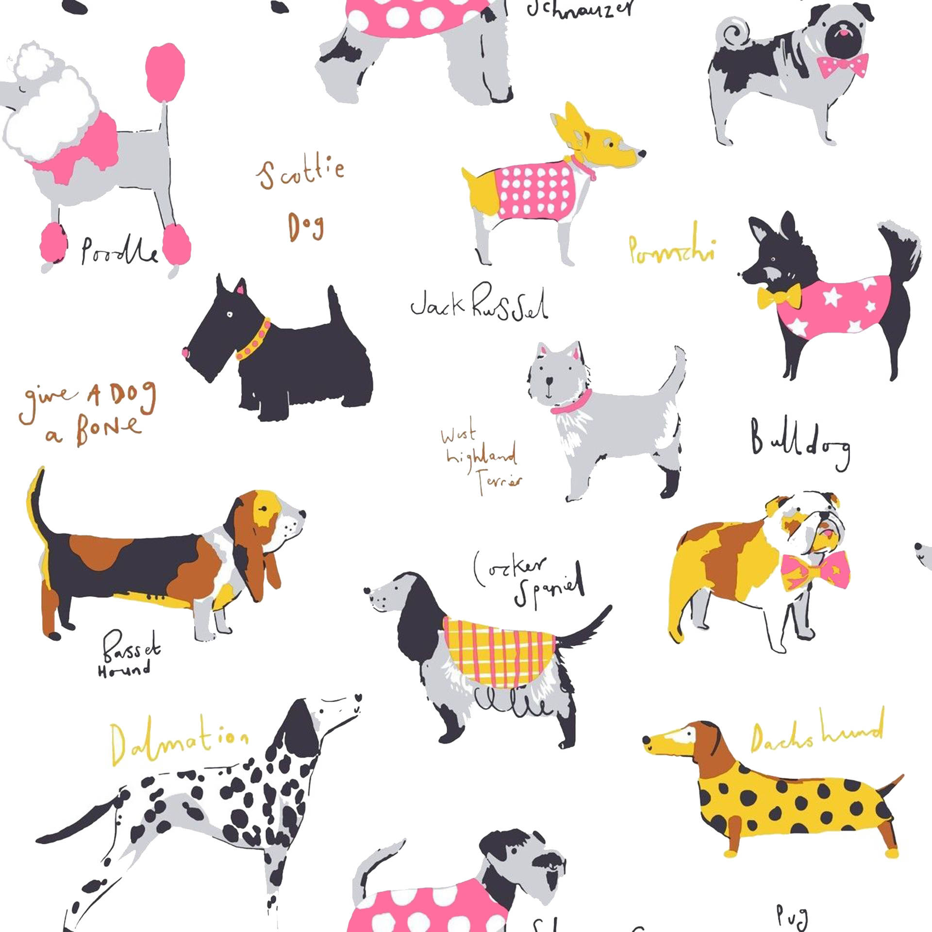 Super Cute Dog Art, illustrated dogs, colorful outfits, Full HD Desktop Wallpaper