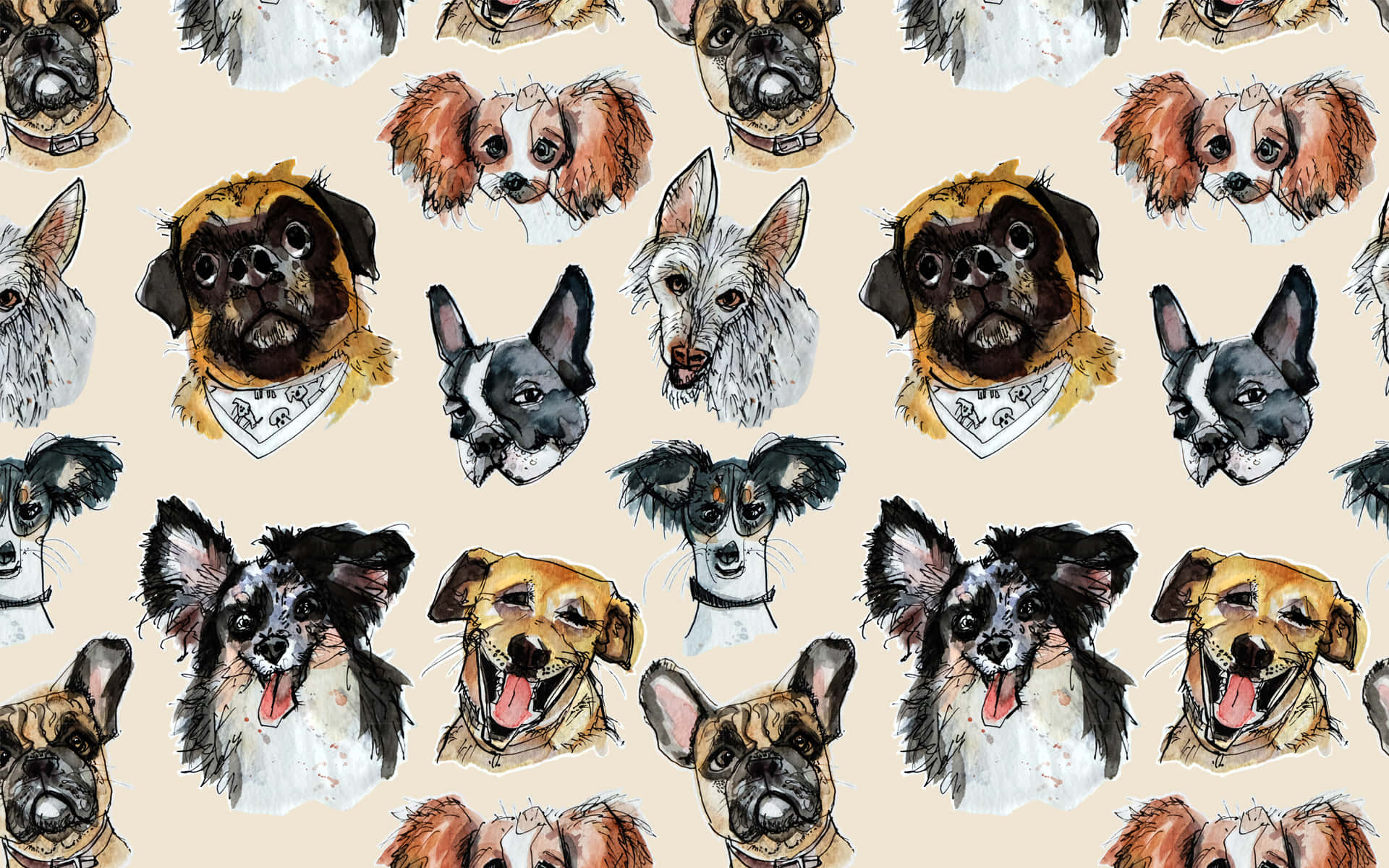 watercolor dog portraits, bandanas, beige background, Full HD Desktop Wallpaper