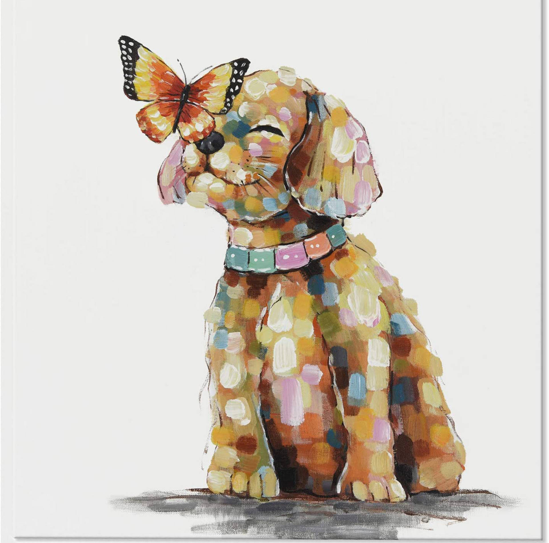 colorful polka-dot coat, vibrant orange butterfly, puppy, Full HD Desktop Wallpaper