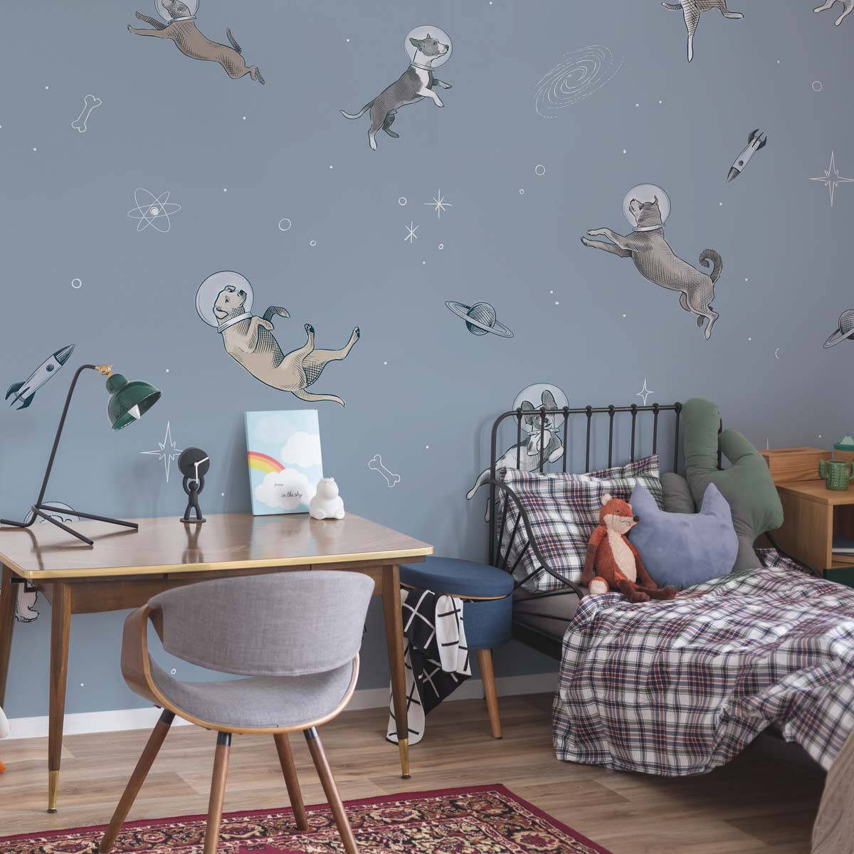 blue wall, whimsical illustrations, dogs in astronaut suits, SD Desktop Wallpaper